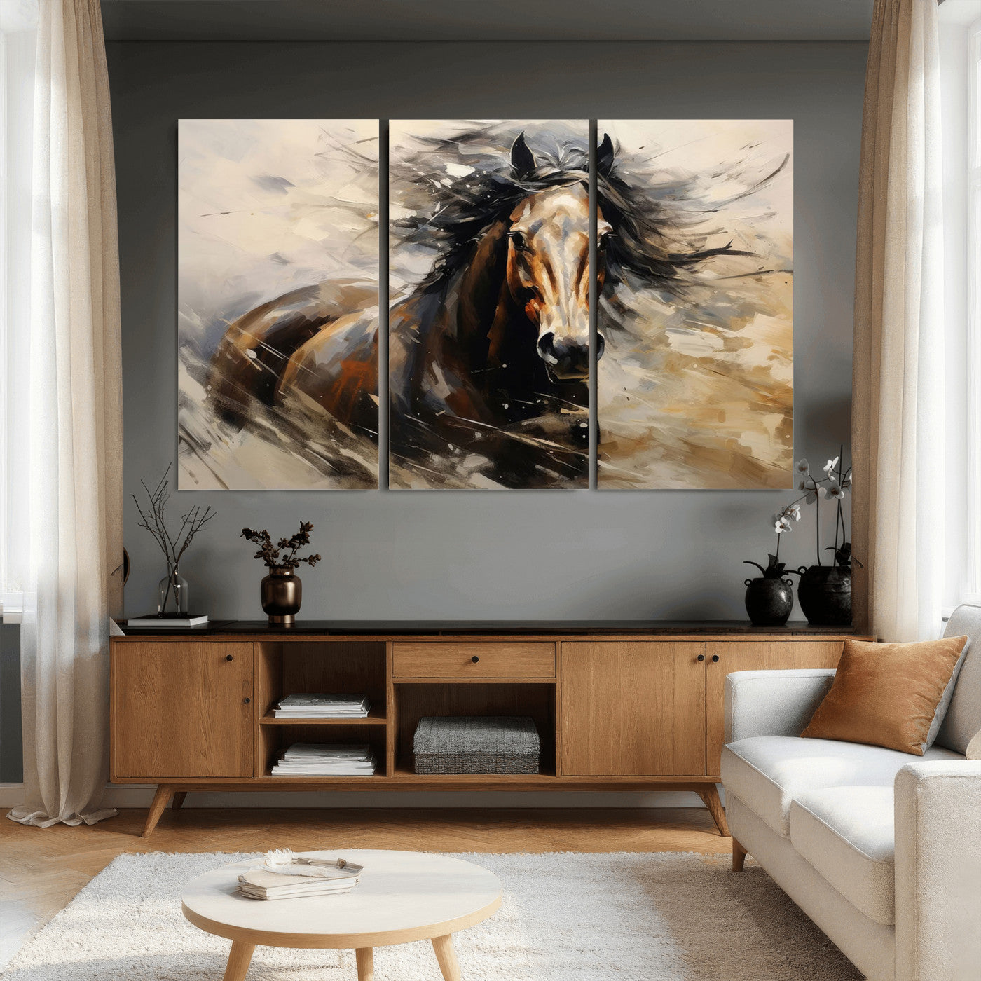 53001-MGV-CV-36X24 - Abstract Wall Art Horse Print - Large Western Horse Canvas - Farmhouse Woodland Wall Art - Framed