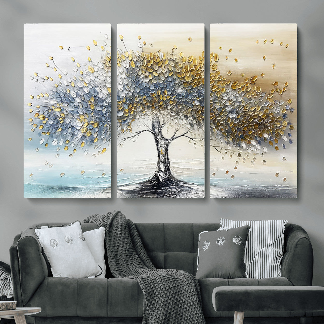 MGV-CV-48X32-3P - Golden & Silver Tree of Life Wall Art – Canvas Print with Whimsical Leaves Elegant Nature Design, Decorative Home, Office or Guest Room Decor