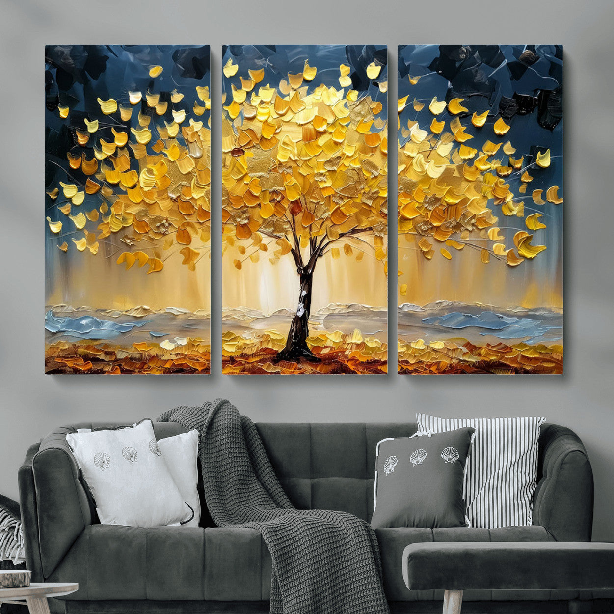MGV-CV-48X32-3P - Golden Autumn Tree Wall Art – Canvas Print of Vibrant Fall Leaves, Seasonal Nature Scene Beautiful Fall Decor for Home, Office or Guest Room