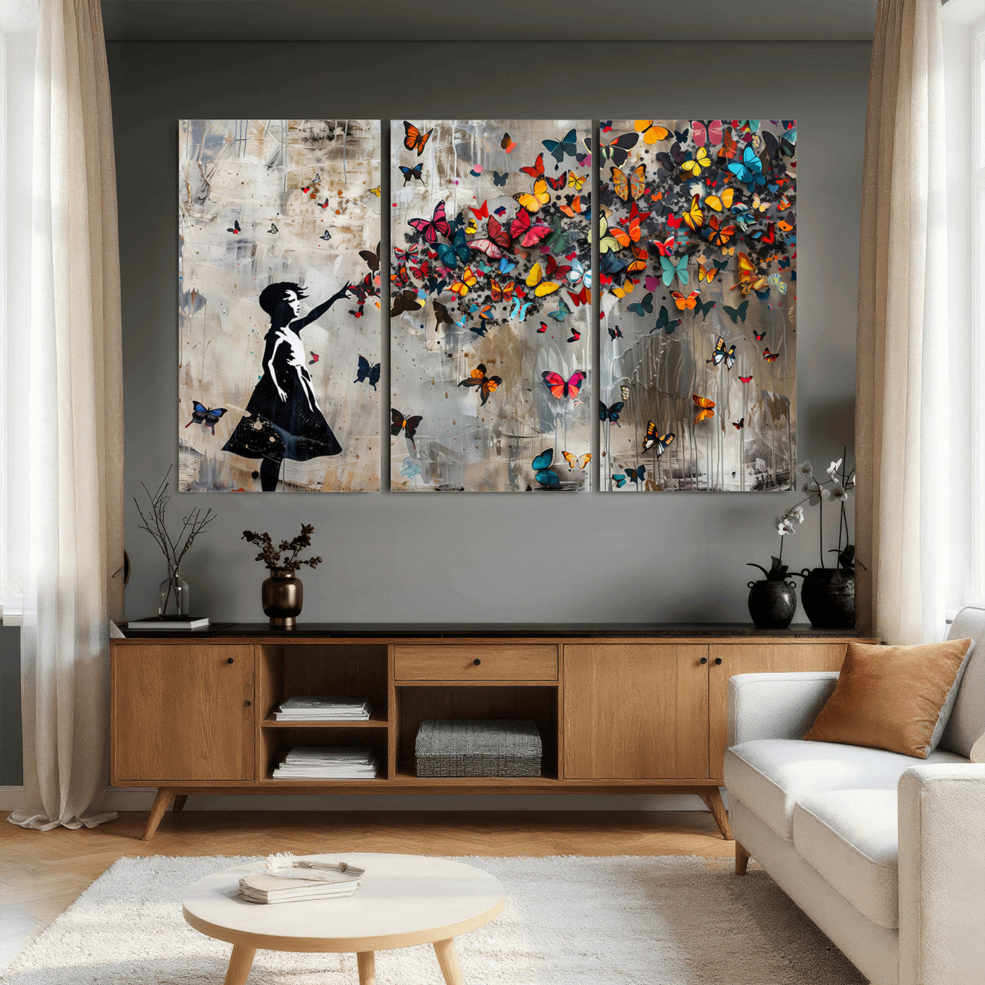 51446-MGV-CV-36X24 - Banksy Butterfly Girl Wall Art | 3-Piece Butterfly Girl Canvas