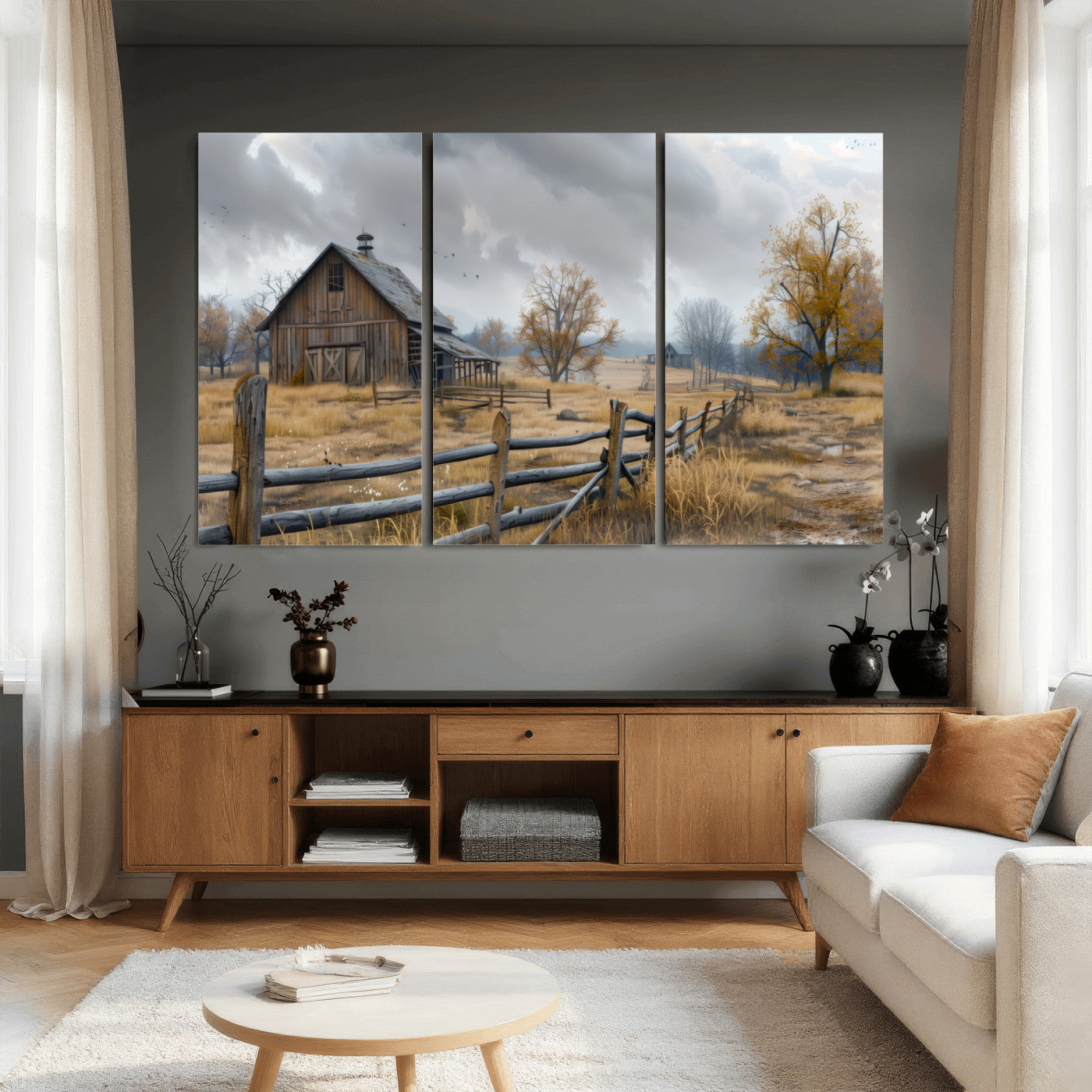 Farm1-MGV-CV-36X24 - Rustic Autumn Farmhouse Wall Art Canvas Print – Serene Countryside Scene with Weathered Barn and