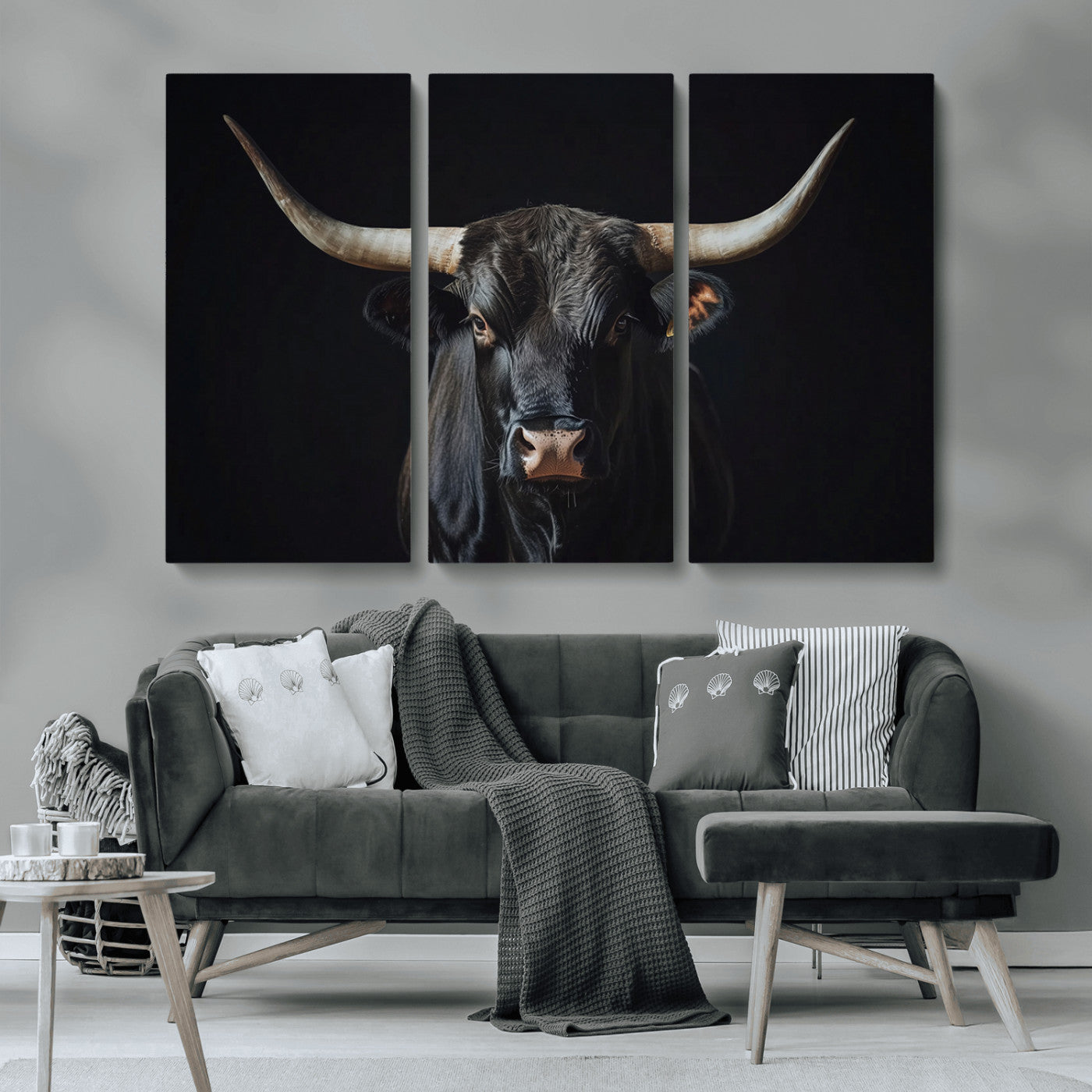 48065167-MGV-CV-36X24-Majestic Longhorn Bull Wall Art Canvas Print – Dark Background Western Ranch Portrait Artwork for Home, Office