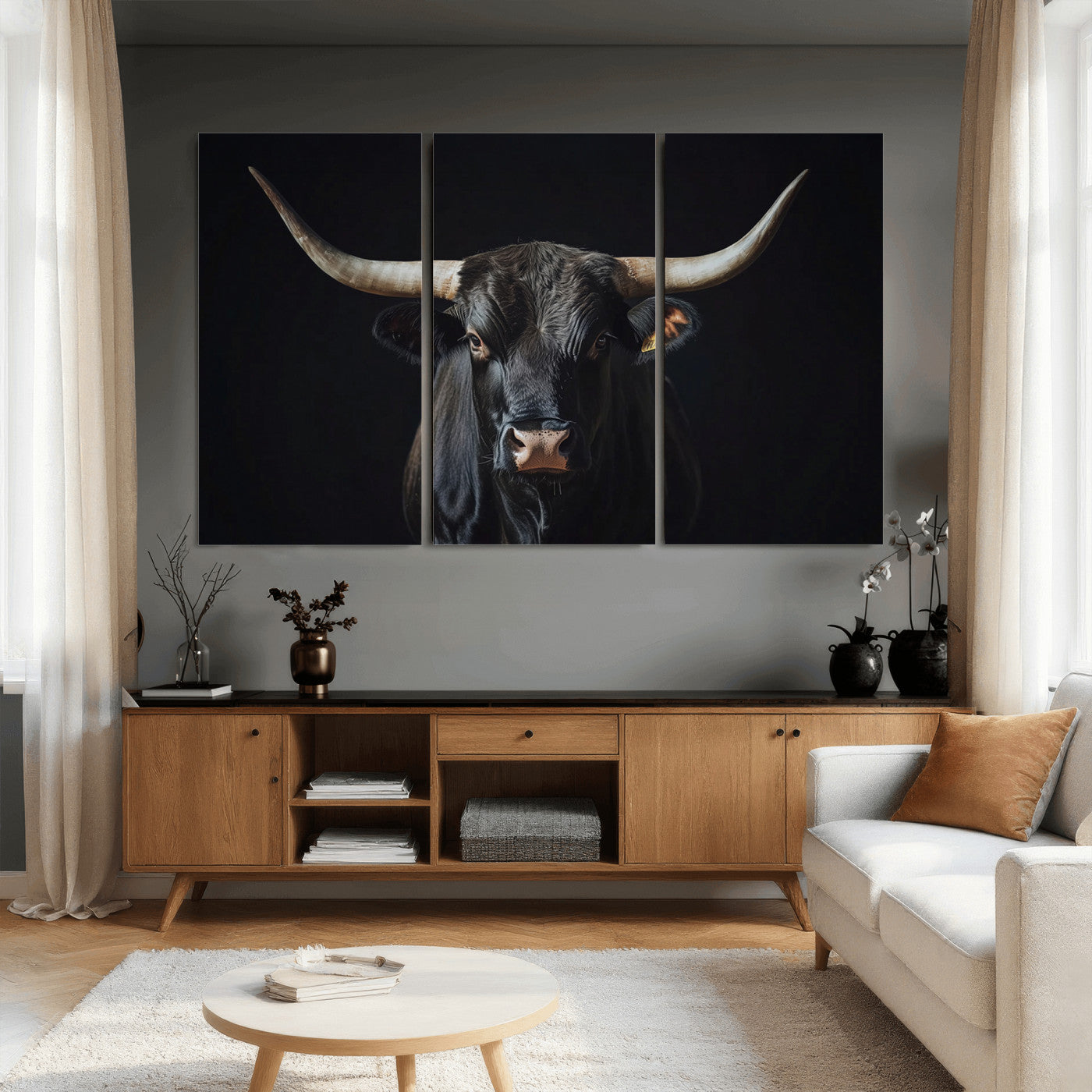 48065167-MGV-CV-36X24 - Texas Longhorn Bull Wall Art Canvas Print – Western Black Bull Art Print for Farmhouse Ranch Decor