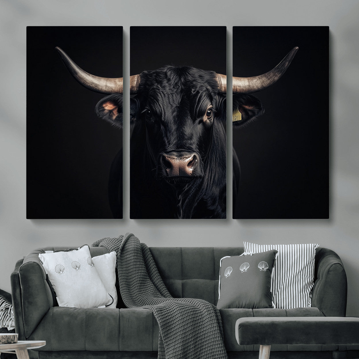 MGV-CV-48X32-3P - Black Bull Wall Art – Framed Horned Bull Canvas Artwork, Western Cattle Design, Rustic Ranch Style Decor for Home, Office
