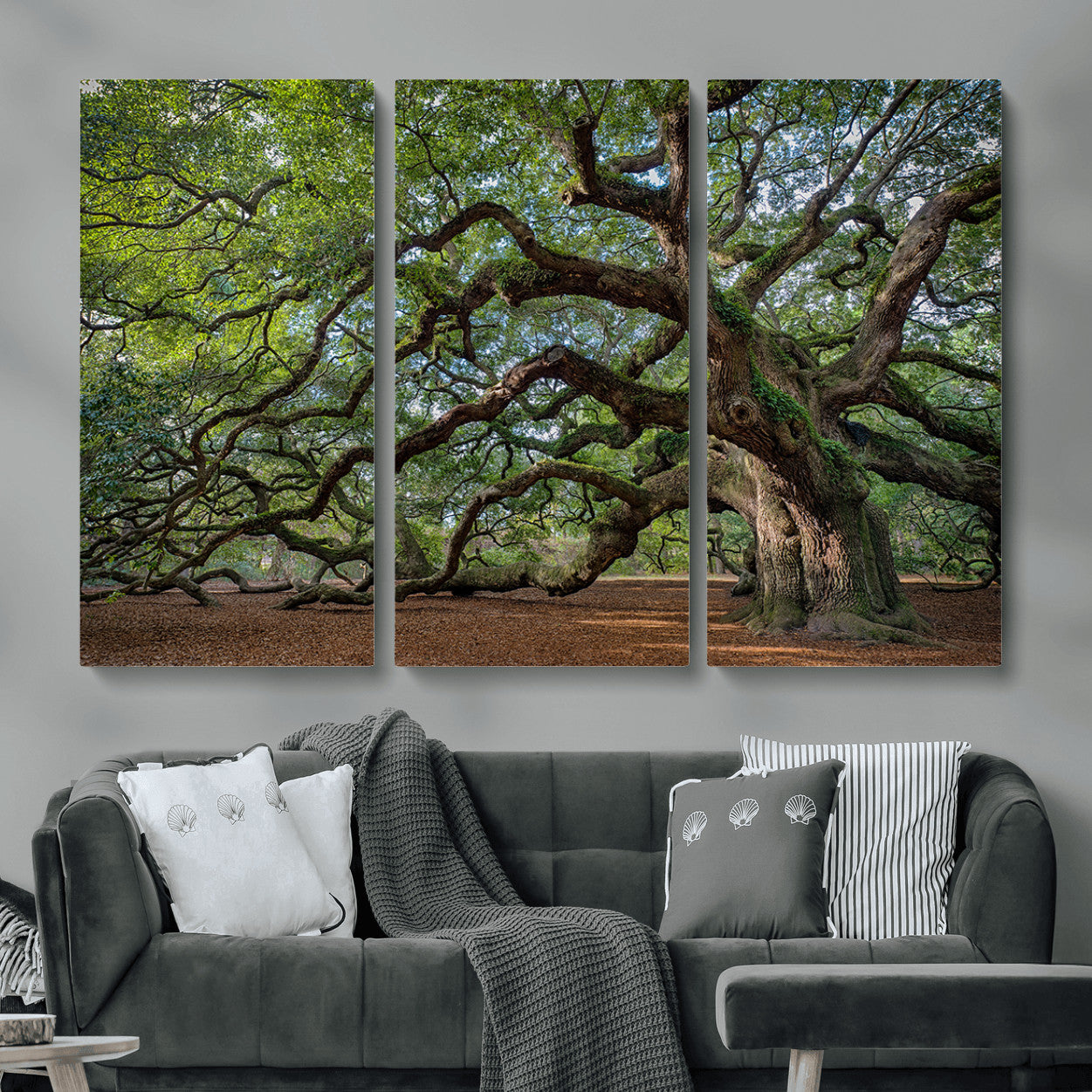 MGV-CV-48X32-3P - Ancient Oak Tree Wall Art – Canvas Print of Expansive Branches Lush Green Canopy, Tranquil Landscape, Majestic Nature Decor for Home or Office