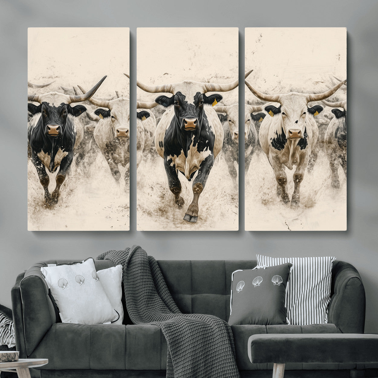 MGV-CV-48X32-3P - Cream Dust Longhorn Wall Art – Canvas Print of Western Herd Stampede, Dynamic Charge, Rustic Prairie Motion, Bold Nature Farm Decor