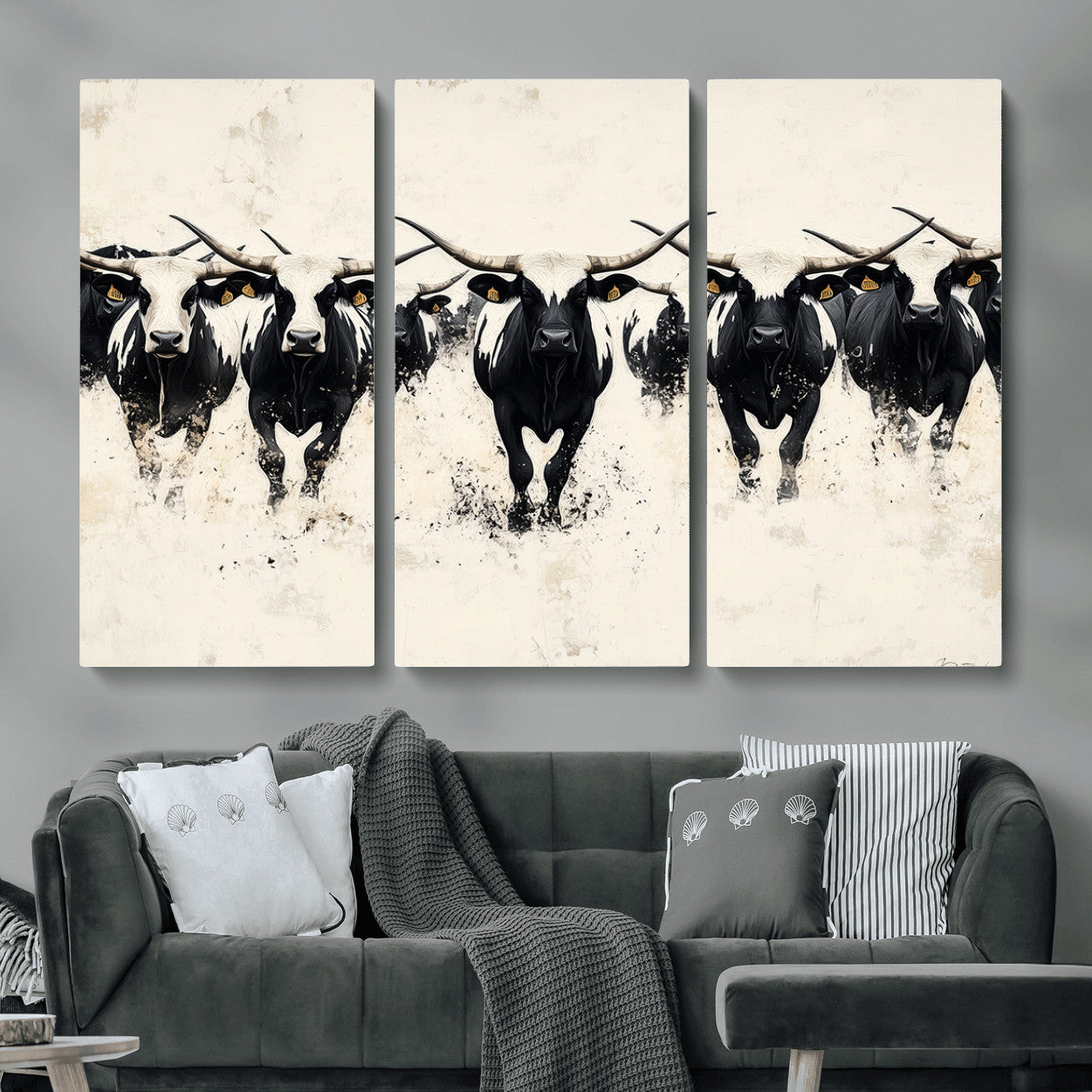 MGV-CV-48X32-3P - Longhorn Cattle Wall Art – Canvas Print of Herd in Motion, Symmetry and Ink Splatter, Minimalist Western Ranch, Bold Rustic Farm Decor
