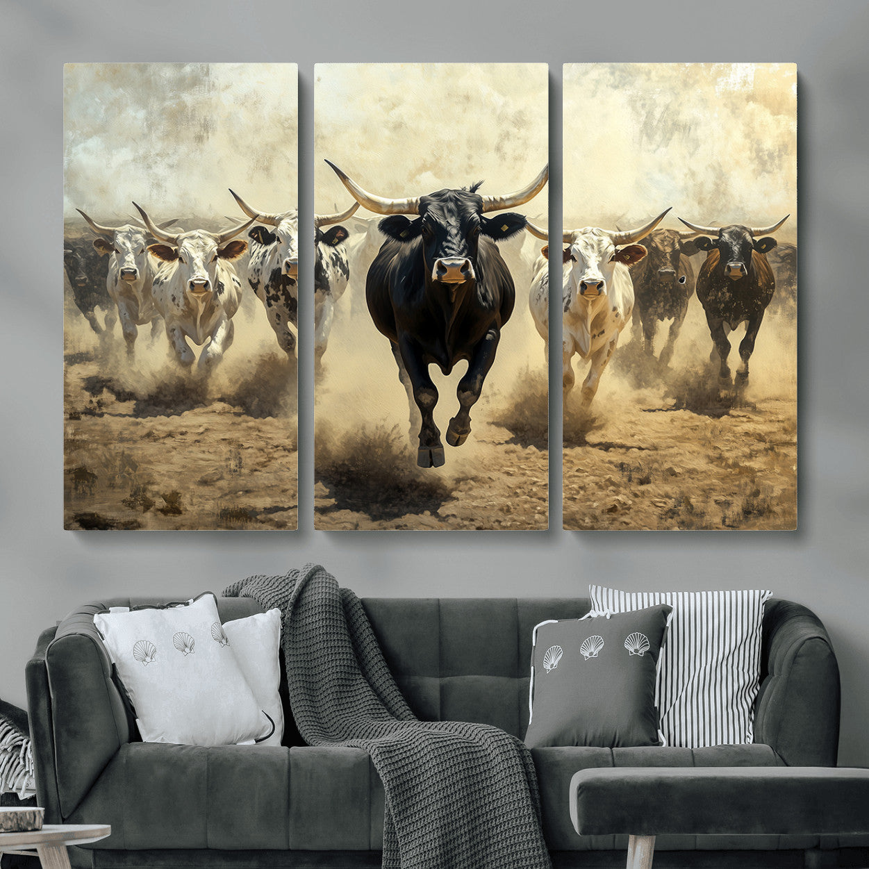 MGV-CV-48X32-3P - Running Cattle Wall Art – Canvas Print of Western Herd, Dust Stampede, Longhorns, Wild West Ranch, Bold Rustic Farm Decor for Home or Office