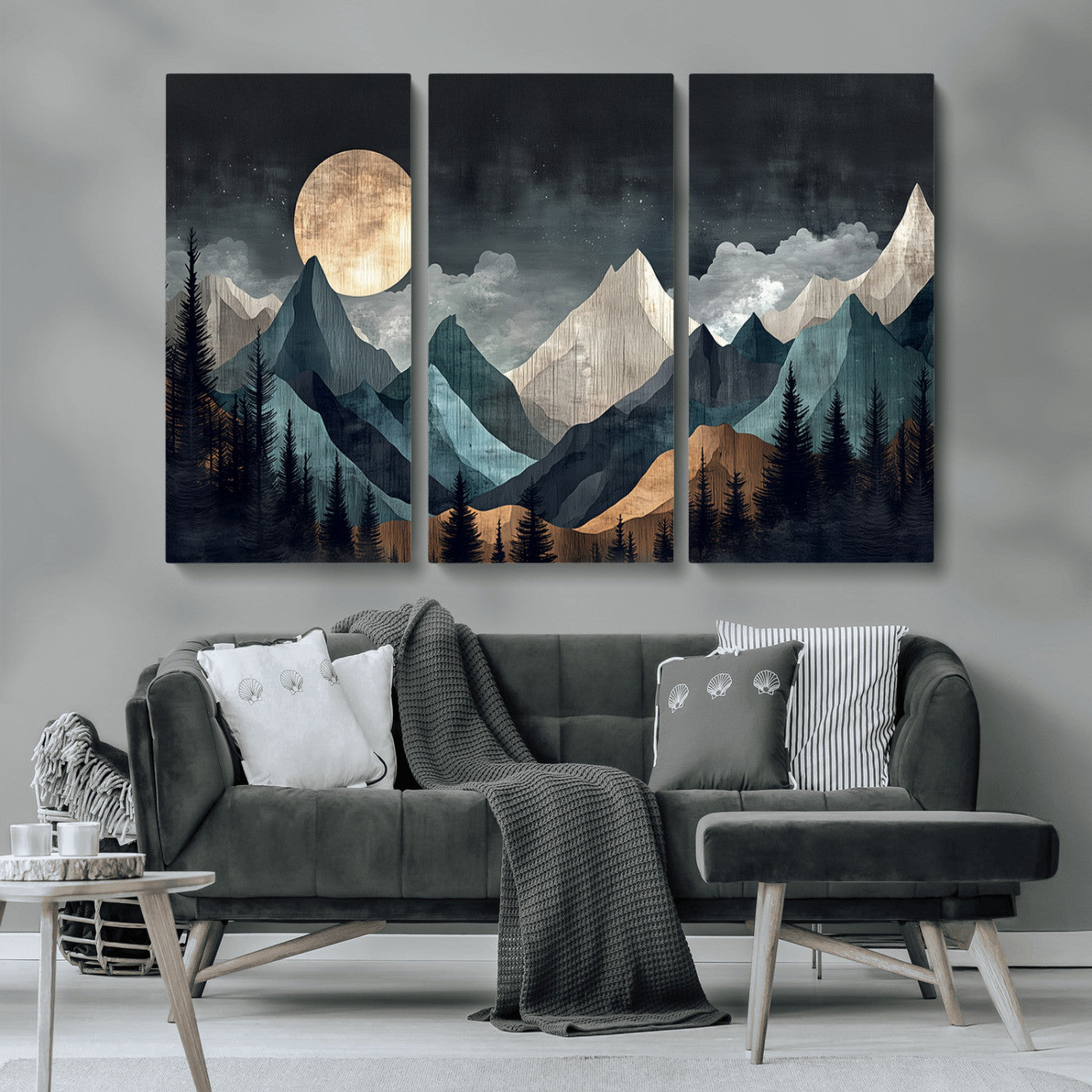 11060882-MGV-CV-36X24-Moonlit Mountain Wall Art Canvas Print – Silhouetted Pines Layered Peaks Tranquil Sky Mist Silver Light Nature Artwork for Home