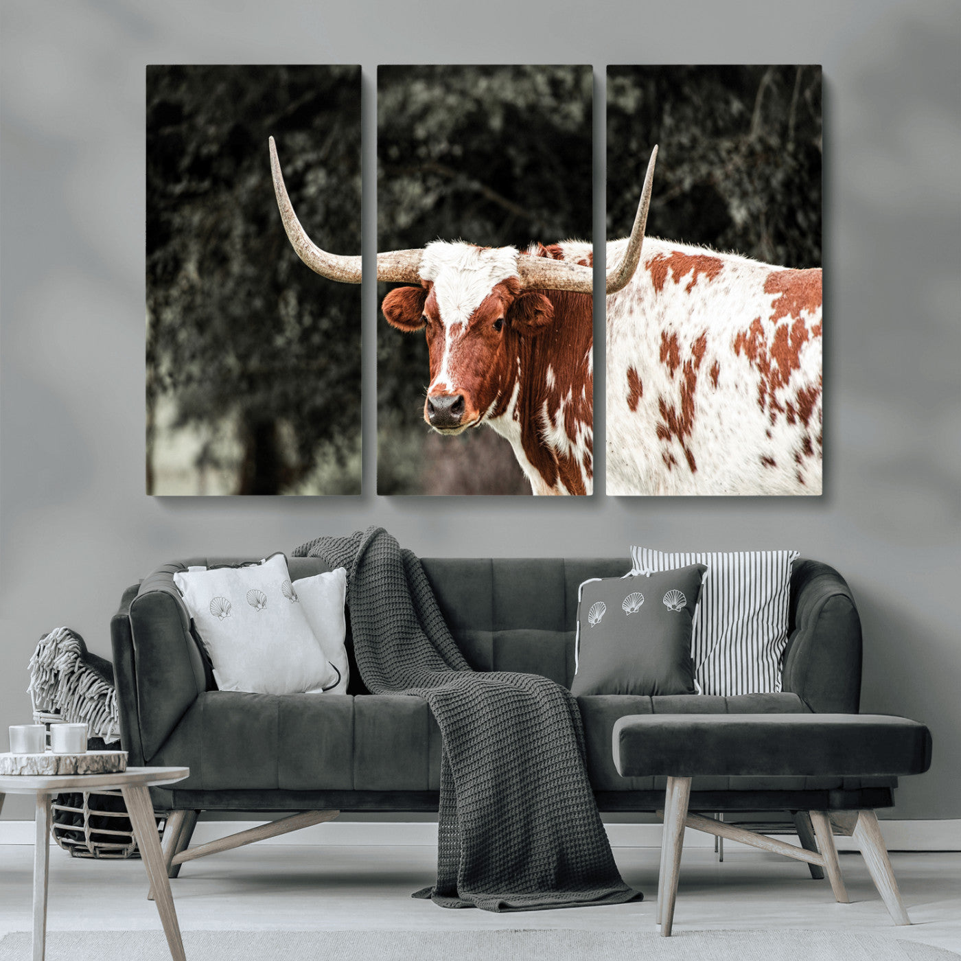 -Texas Longhorn Wall Art Canvas Print, Framed Spotted Cow Art Picture Print, Horned Bull Perfect Rustic Western Decor Artwork