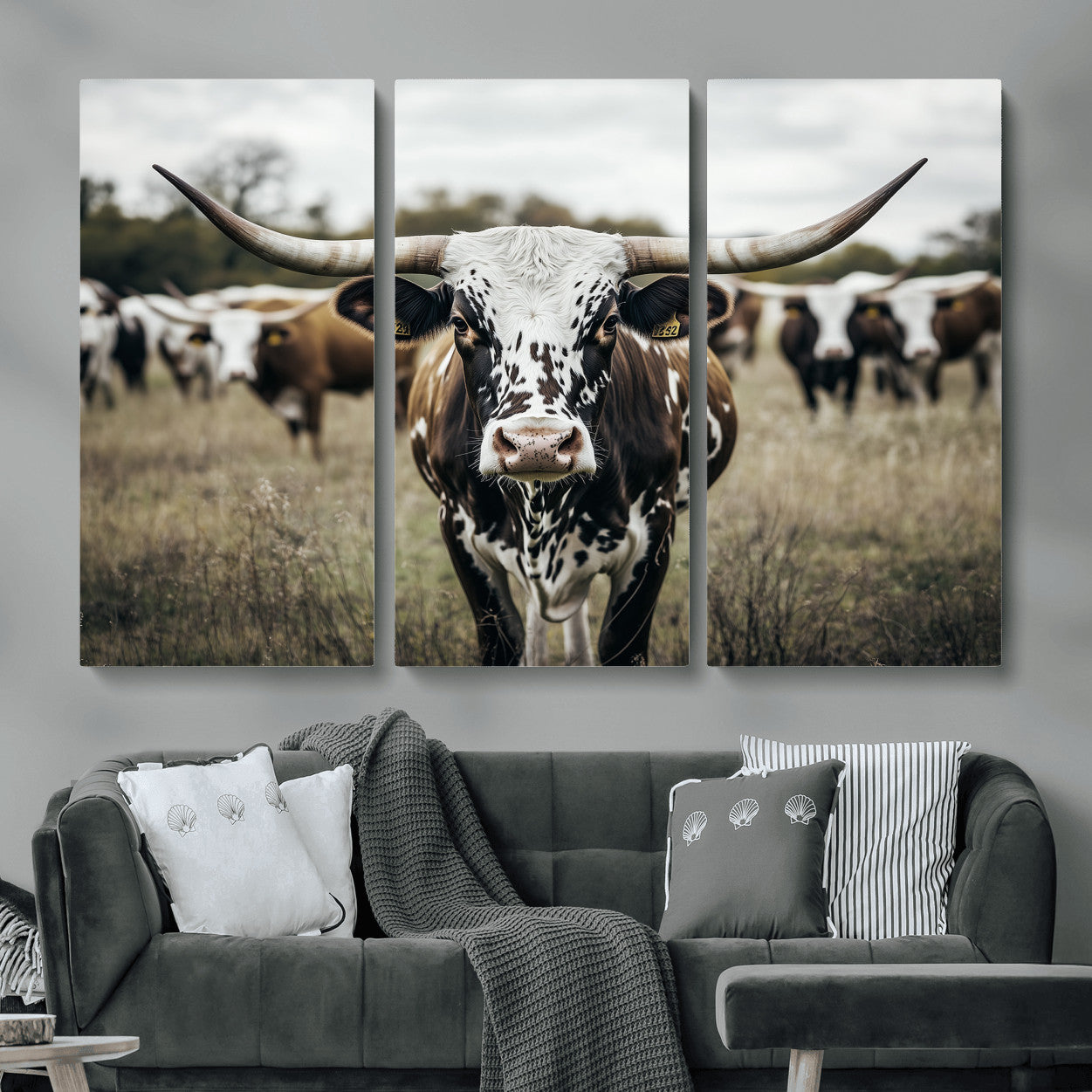 MGV-CV-48X32-3P - Majestic Longhorn Cow Wall Art – Canvas Print of Intricate Fur & Sharp Horns Earthy Tones Serene Landscape, Rustic Charm Decor for Living Room, Office or Bedroom