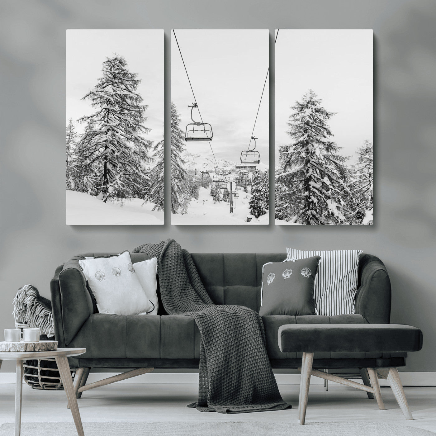 55003599-MGV-CV-36X24-Ski Lift Wall Art – Framed Snowy Mountain Canvas Artwork, Winter Forest Design, Minimal Nature Decor for Home, Office
