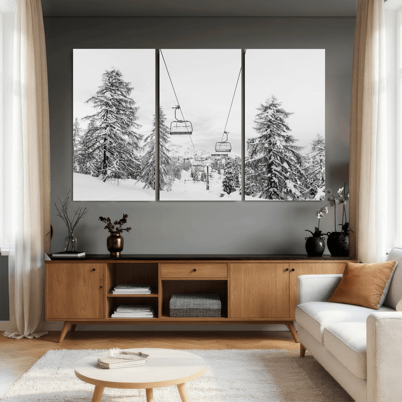 55003599-MGV-CV-36X24 - Snowy Ski Lift Wall Art – Framed Winter Forest Canvas Artwork, Peaceful Mountain Design, Modern Nature Decor for Home, Office