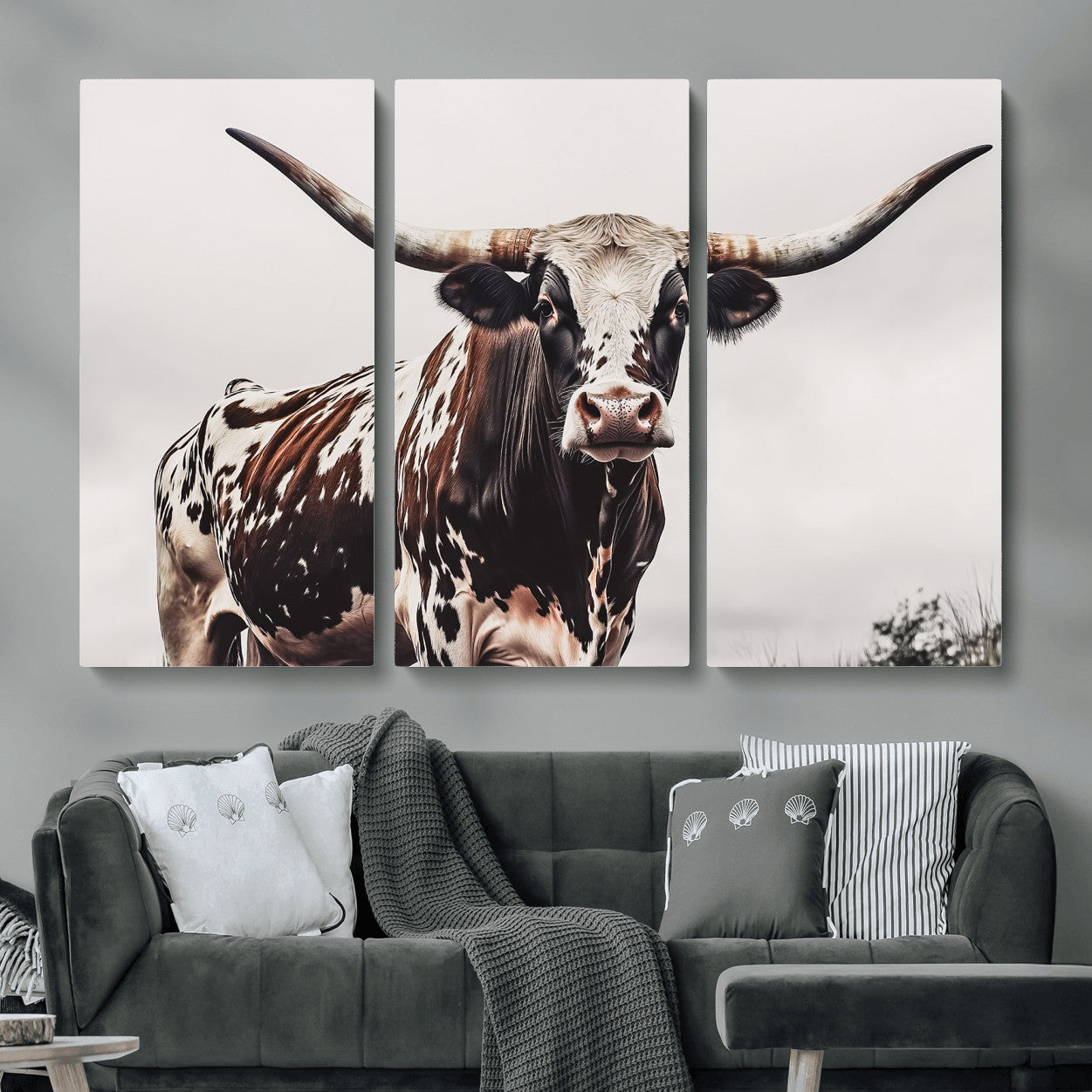 MGV-CV-48X32-3P - Texas Longhorn Wall Art Canvas Print, Framed Spotted Bull Art Picture Print, Horned Cattle Perfect Rustic Farmhouse Decor Artwork