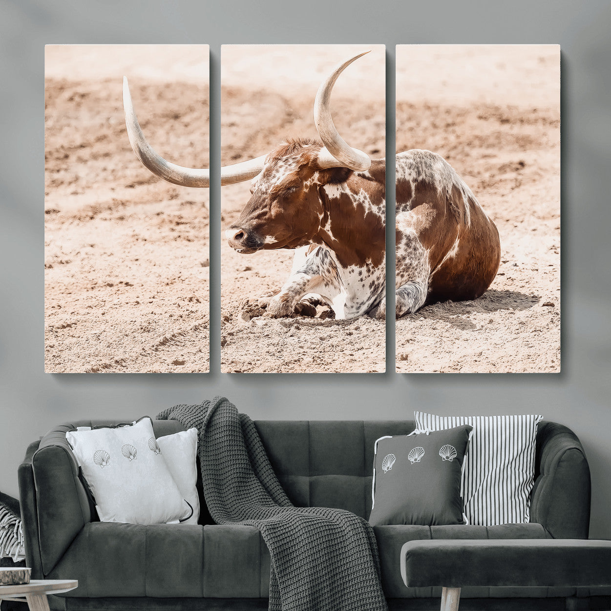 91248682-MGV-CV-36X24-Texas Longhorn Wall Art Canvas Print – Framed Resting Bull Scene with Spotted Cattle Artwork for Home, Office