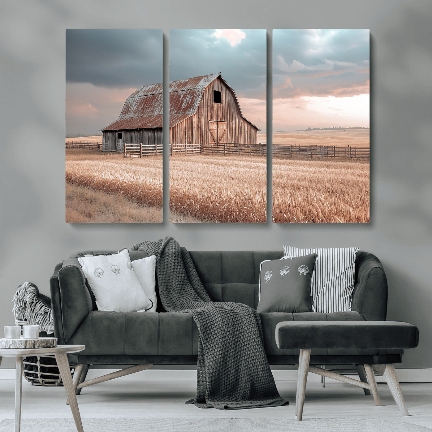 36878364-MGV-CV-48X32-3P-Rustic Barn Wall Art Canvas Print, Framed Wheat Field Art Picture Print, Sunset Barn Perfect Vintage Farmhouse Decor Artwork