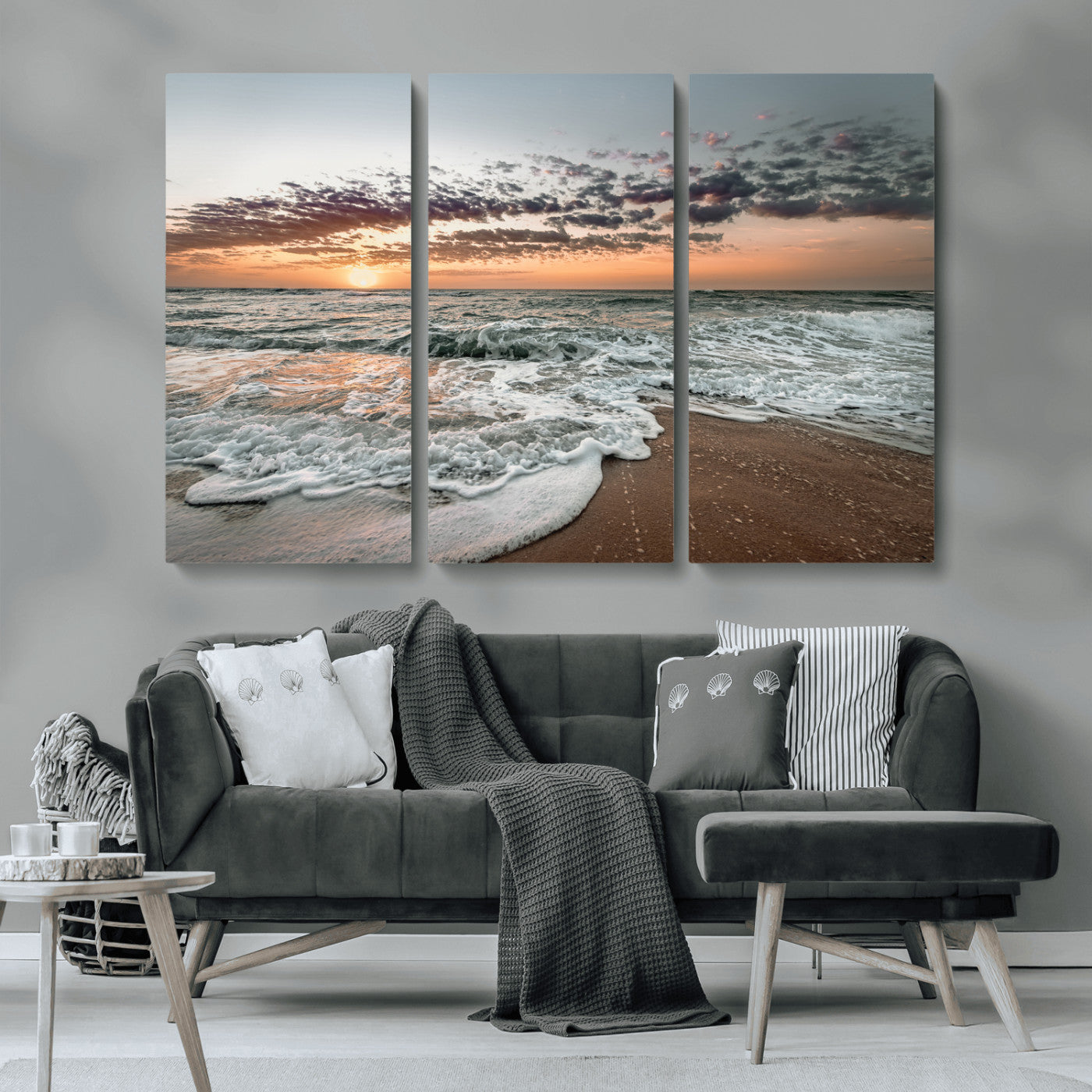 40632752-MGV-CV-36X24-Ocean Sunset Wall Art Canvas Print – Framed Beach Waves Scene with Coastal Artwork for Home, Office, Living Room