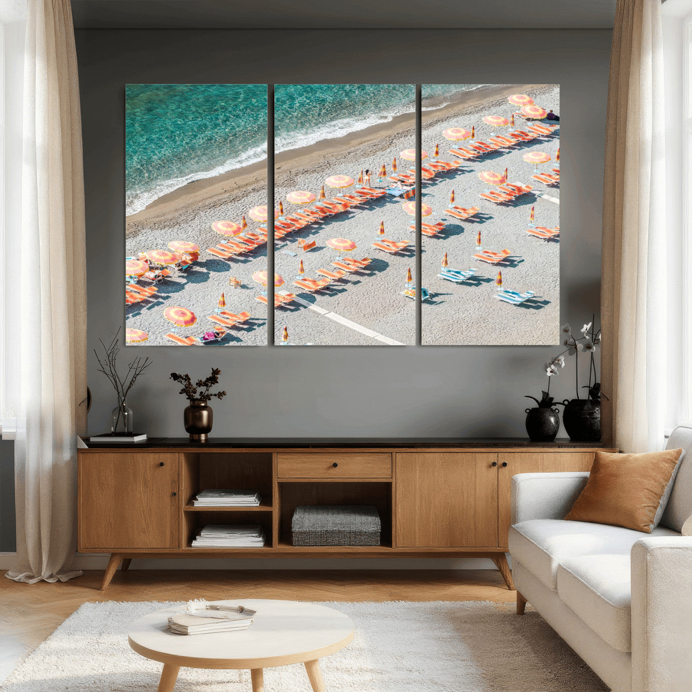 27805351-MGV-CV-36X24 - Beach Umbrellas Wall Art – Orange Loungers & Turquoise Water Canvas Print, Sandy Shore and Summer Vibes