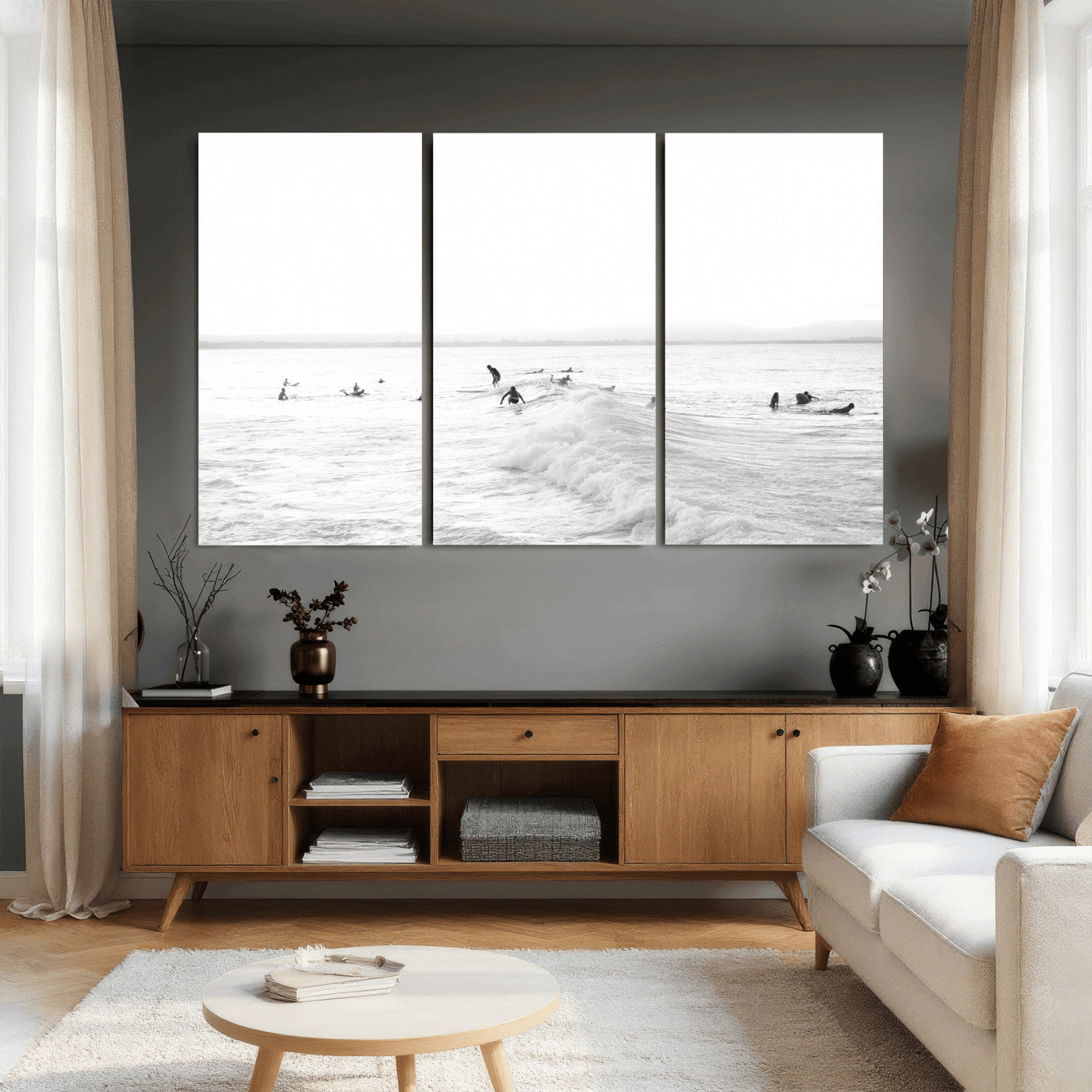 33449548-MGV-CV-36X24 - Surf Crowd Motion Wall Art – Active Surfers & Ocean Waves Canvas Print, Dynamic Water and Coastal Horizon for Living Room or Sea Adventure Decor