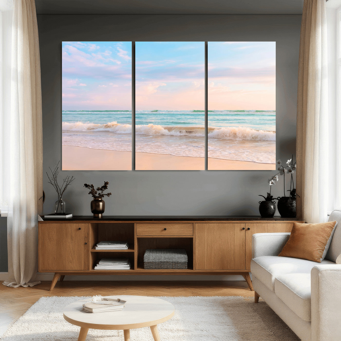 74679437-MGV-CV-36X24 - Serene Waves Wall Art – Golden Shore & Soft Pastel Sky Canvas Print, Gentle Ocean and Peaceful Sunset for Living Room or Office