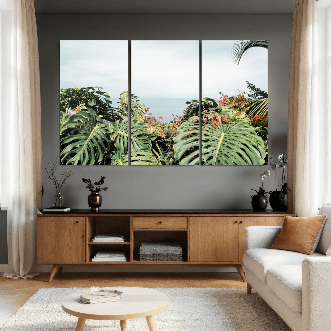 45700479-MGV-CV-36X24 - Tropical Greenery Wall Art – Exotic Leaves & Ocean View Canvas Print, Sunlit Paradise and Vibrant Nature for Living Room or Coastal Decor