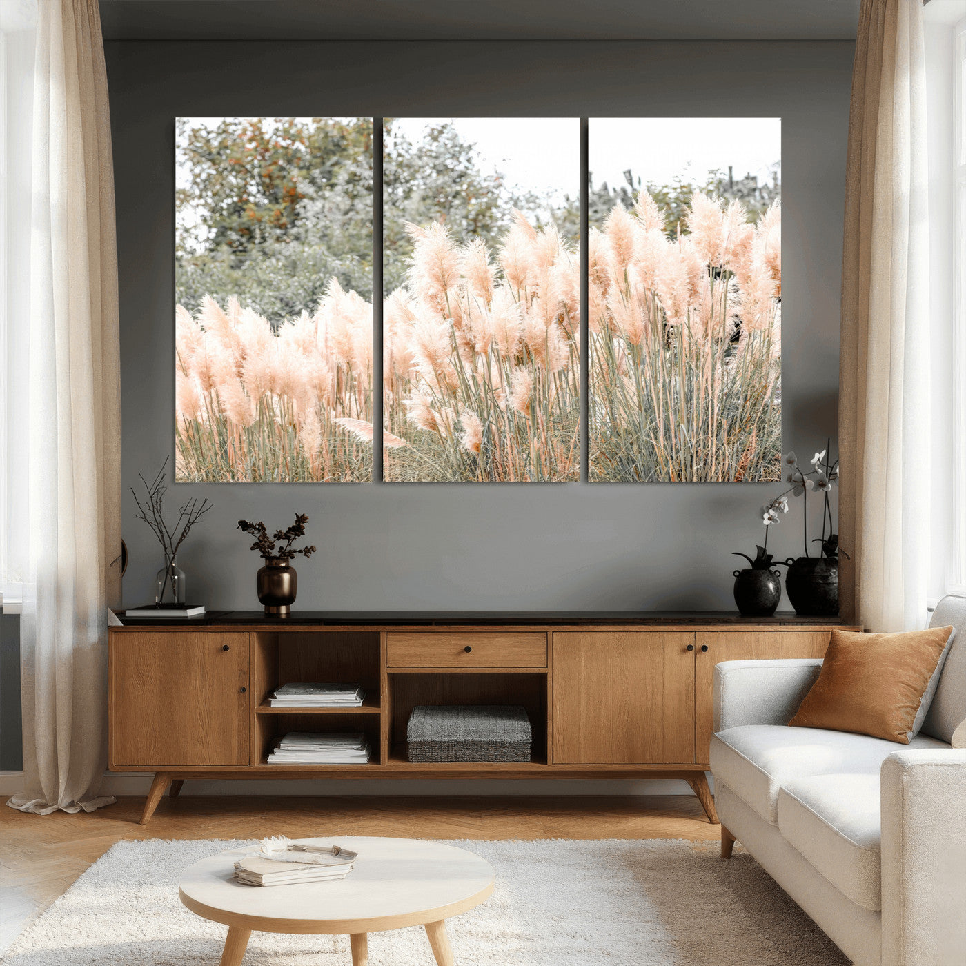21826392-MGV-CV-36X24 - Pampas Grass Wall Art – Soft Blush Hues and Natural Texture Canvas Print, Serene Outdoors & Botanical Charm for Living Room or Nature Decor
