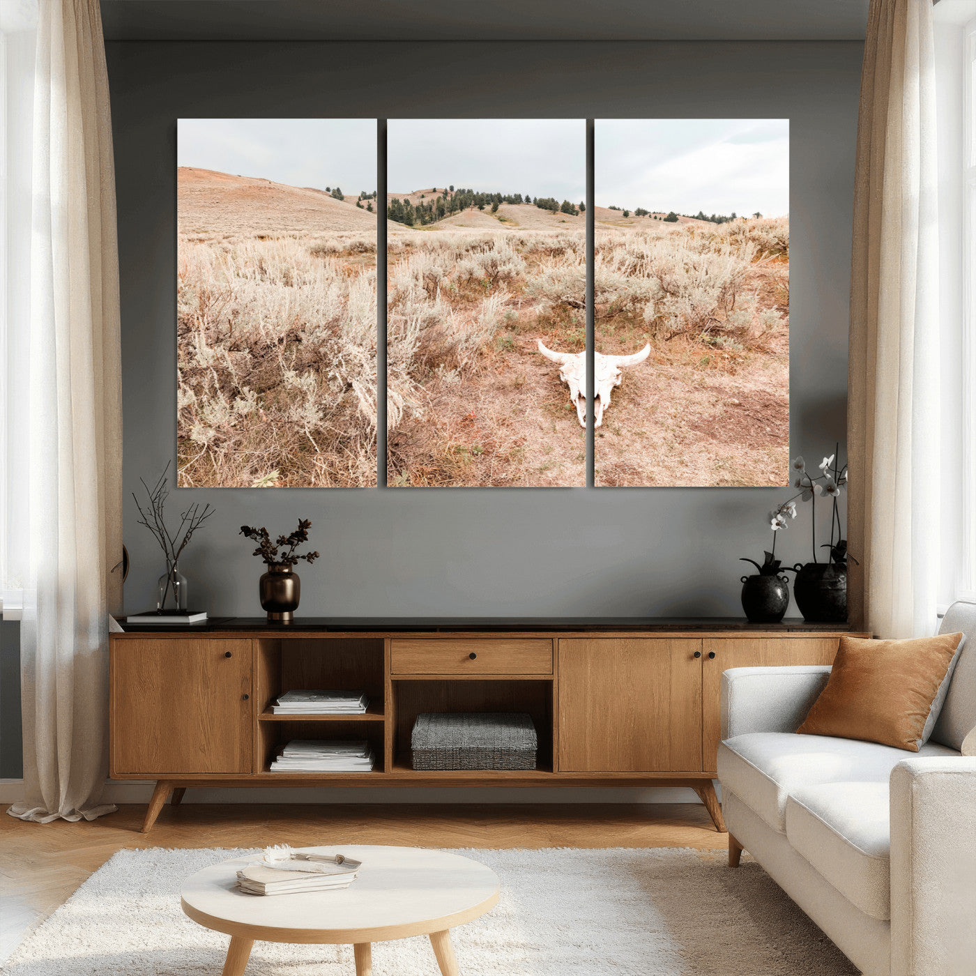 97234735-MGV-CV-36X24 - Desert Skull Wall Art – Arid Landscape & Sagebrush Canvas Print, Rustic Nature and Earth Tones for Living Room or Minimalist Decor