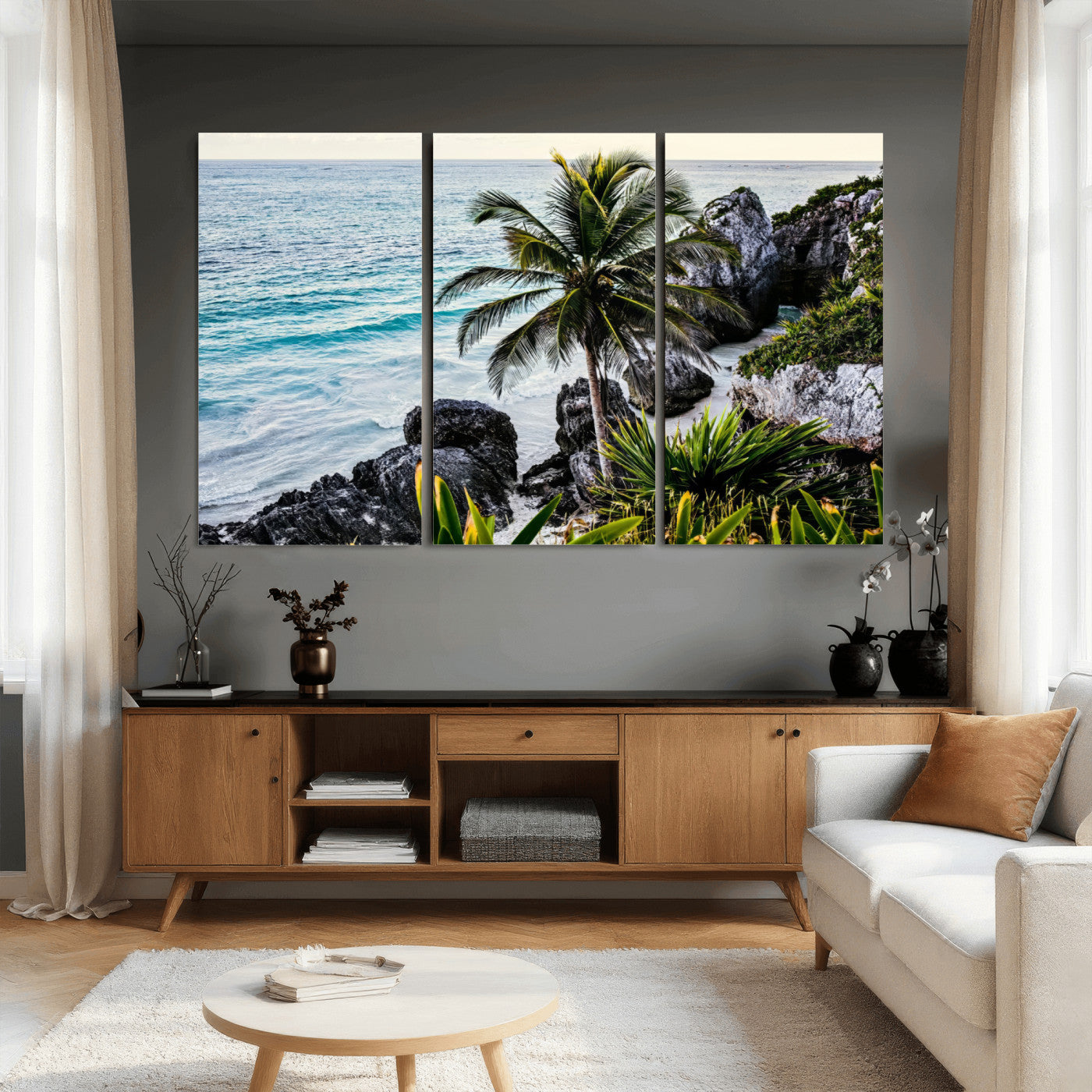 94669907-MGV-CV-36X24 - Tropical Palm Wall Art – Coastal Rocks Canvas Print, Ocean Breeze, Sandy Shore, Vibrant Green Foliage for Living Room or Beach House Decor