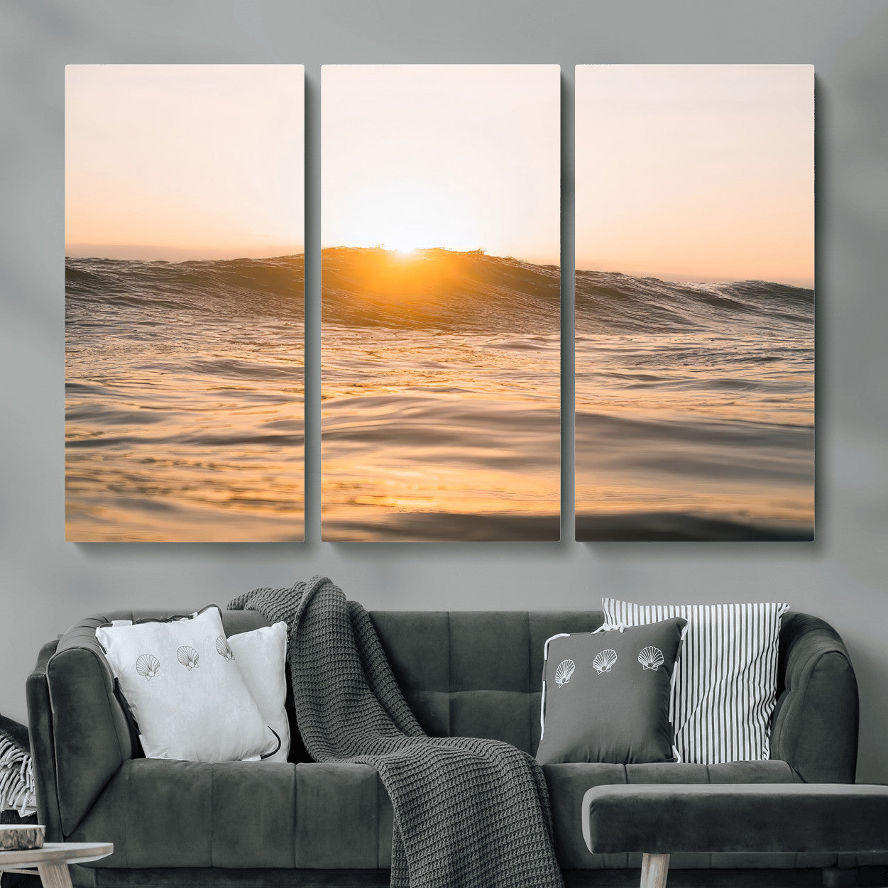 16973771-MGV-CV-36X24-Calm Water Wall Art – Framed Sunset Waves Canvas Artwork, Coastal Warm Design, Minimal Ocean Decor for Home, Office
