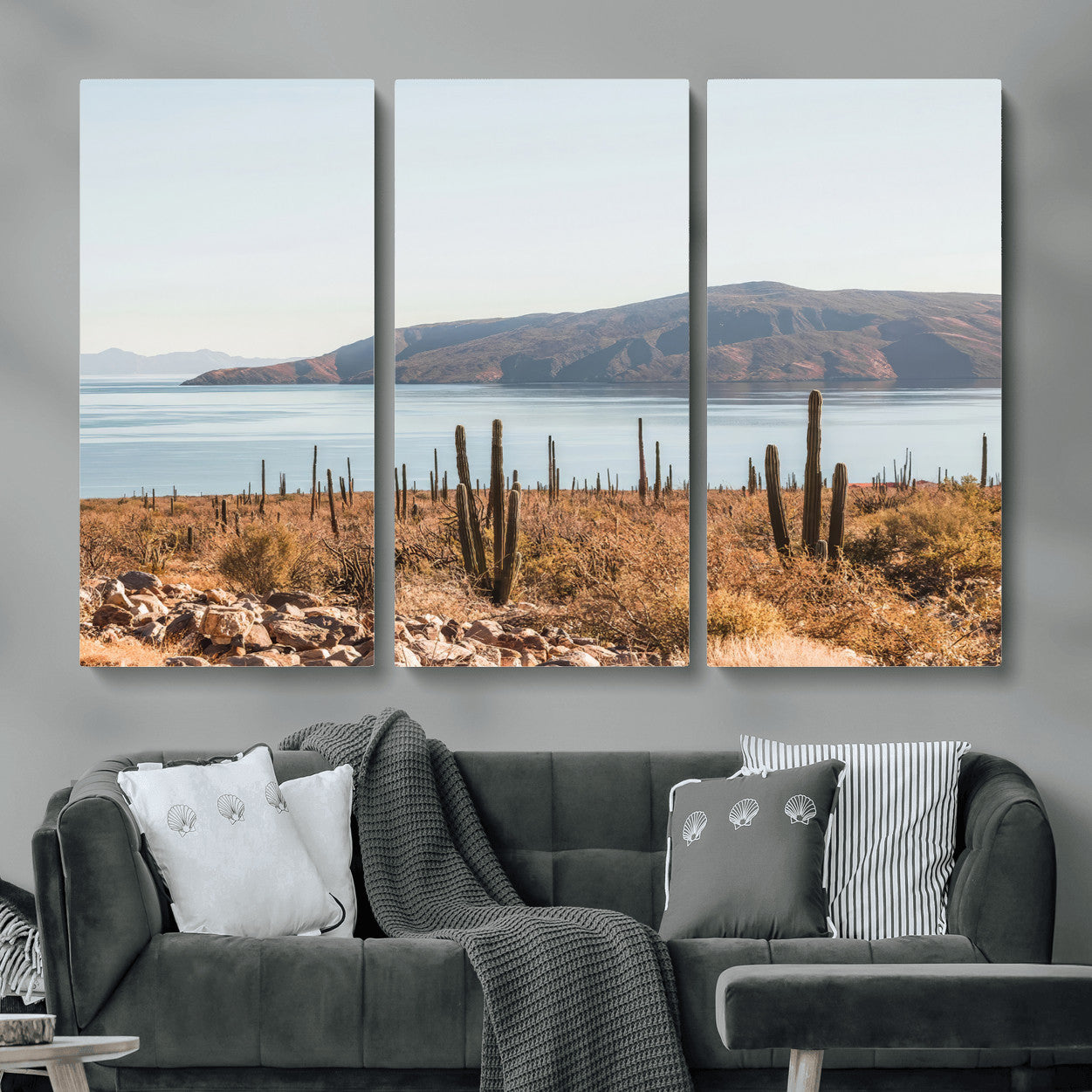 MGV-CV-48X32-3P - Desert Cactus Wall Art Canvas Print, Framed Baja Coastline Art Picture Print, Coastal Desert Perfect Southwestern Minimalist Decor Artwork