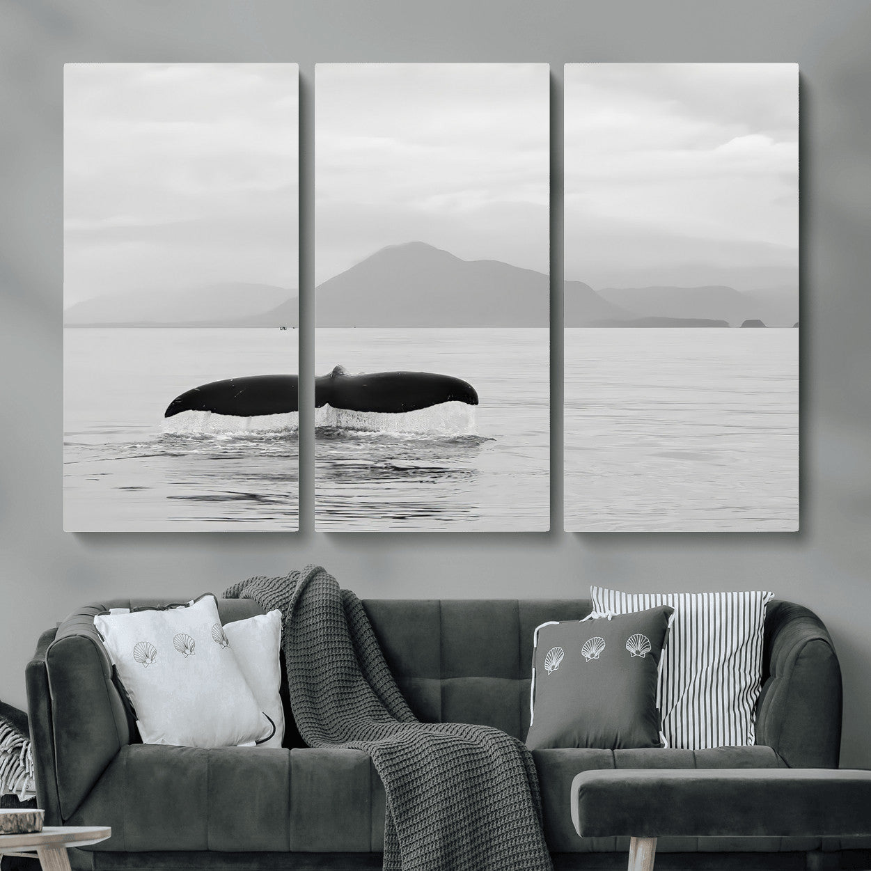 MGV-CV-48X32-3P - Whale Tail Wall Art Canvas Print, Framed Black White Ocean Art Picture Print, Calm Marine Perfect Minimalist Coastal Decor Artwork