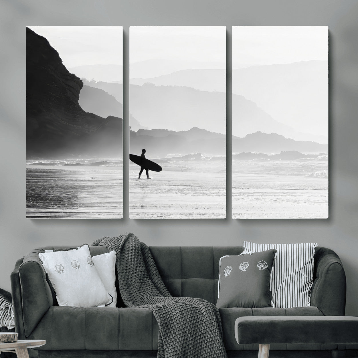MGV-CV-48X32-3P - Surfer In Fog Wall Art Canvas Print, Framed Moody Shoreline Art Picture Print, Cliffside Waves Perfect Minimalist Coastal Decor Artwork
