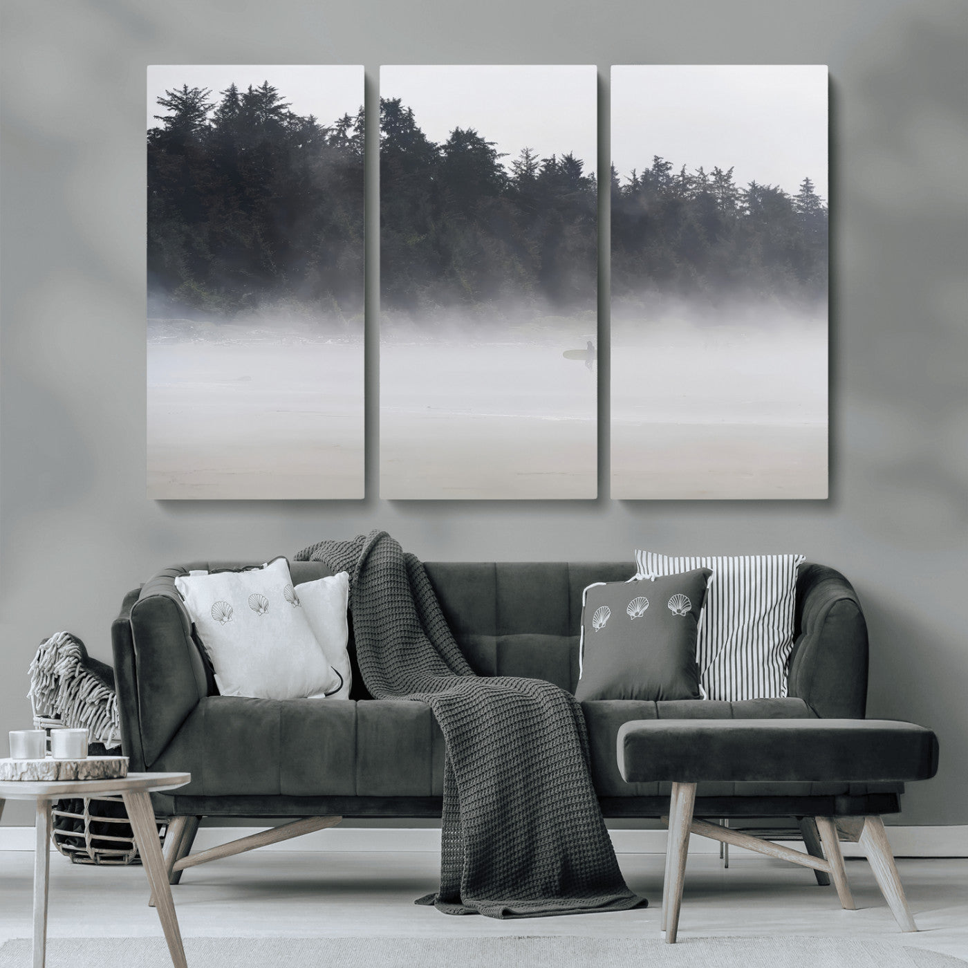 59703275-MGV-CV-36X24-Surfer Fog Wall Art Canvas Print – Framed Foggy Beach Scene with Coastal Surf Artwork for Home, Office, Living Room