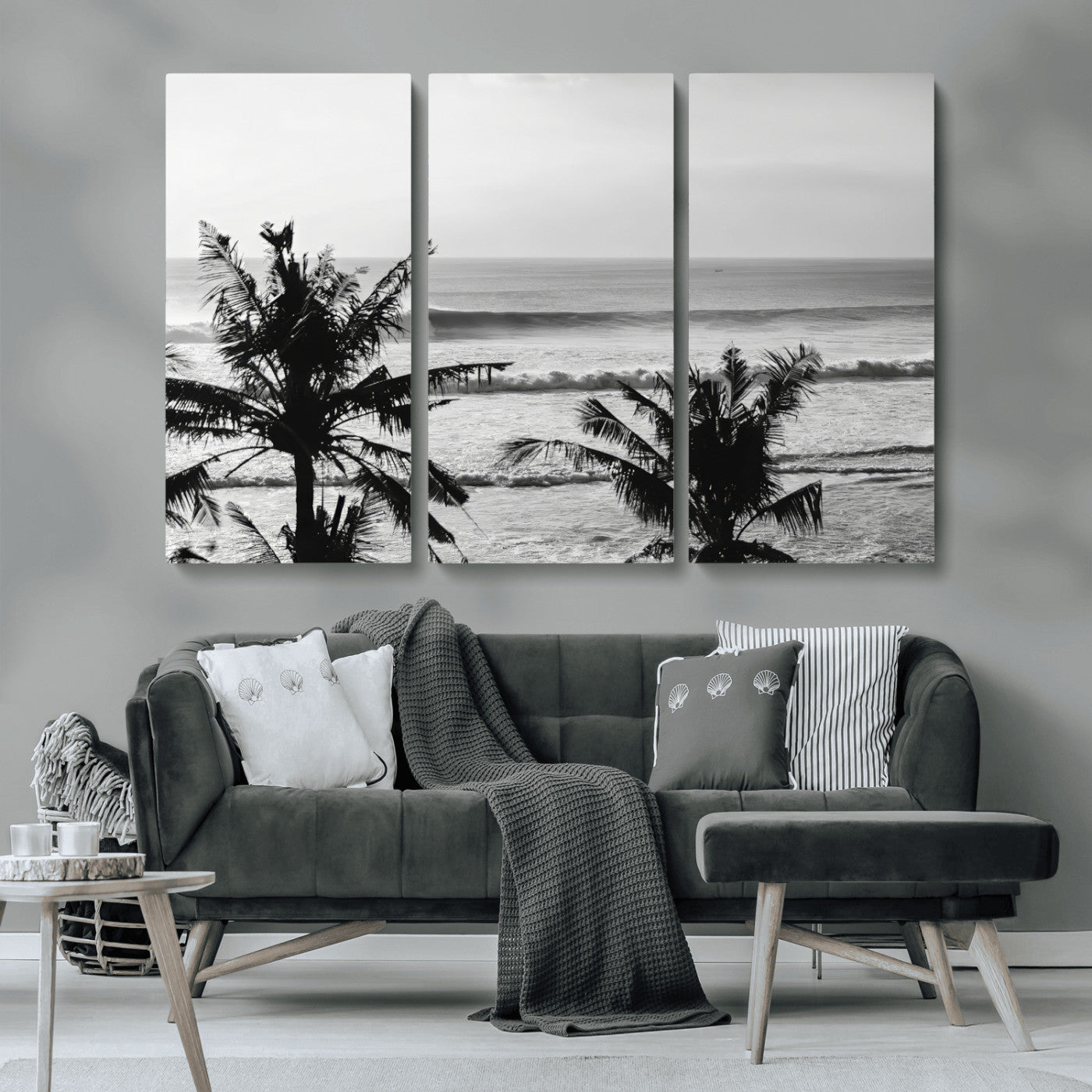 17508038-MGV-CV-36X24-Tropical Coastline Wall Art Canvas Print – Framed Palm Trees Scene with Ocean Waves Artwork for Home, Office