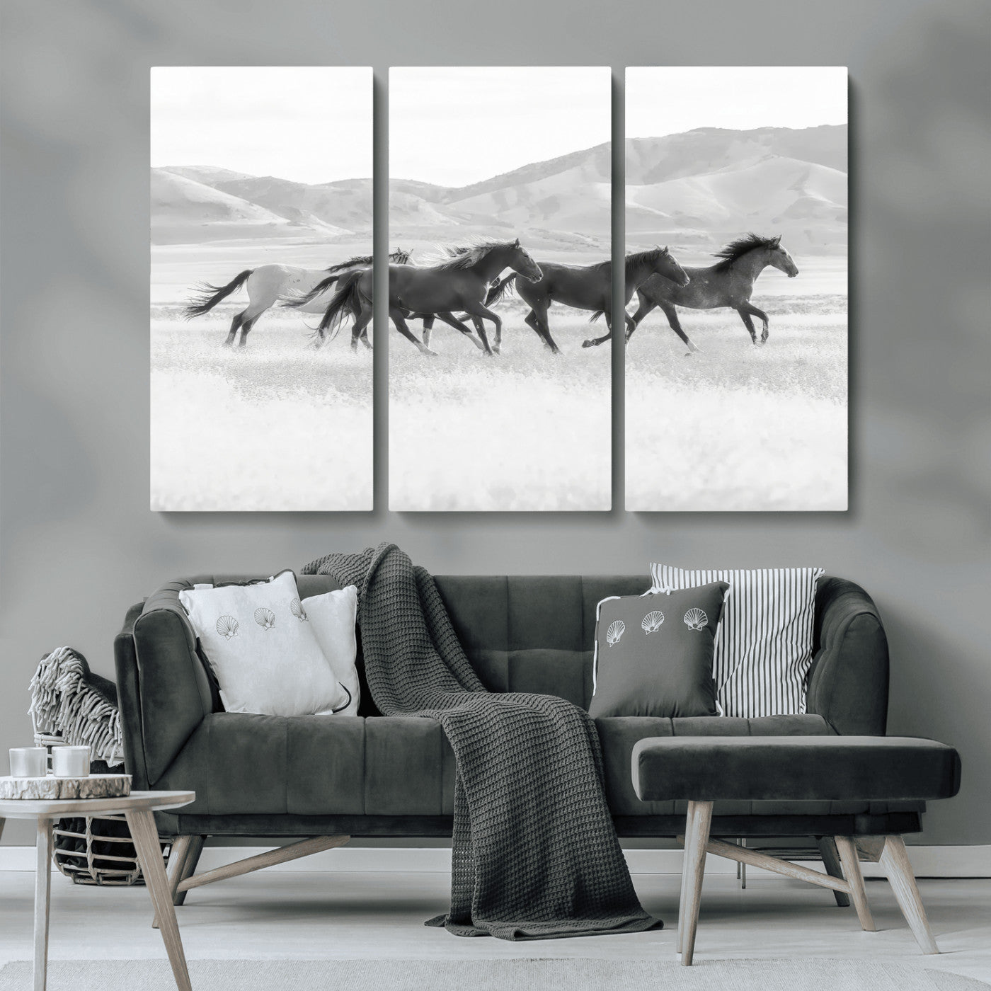 MGV-CV-48X32-3P - Wild Horses Wall Art – Black & White Canvas Print of Herd Running, Nature in Motion, Freedom & Beauty Decor for Guest Room, Office or Living Room