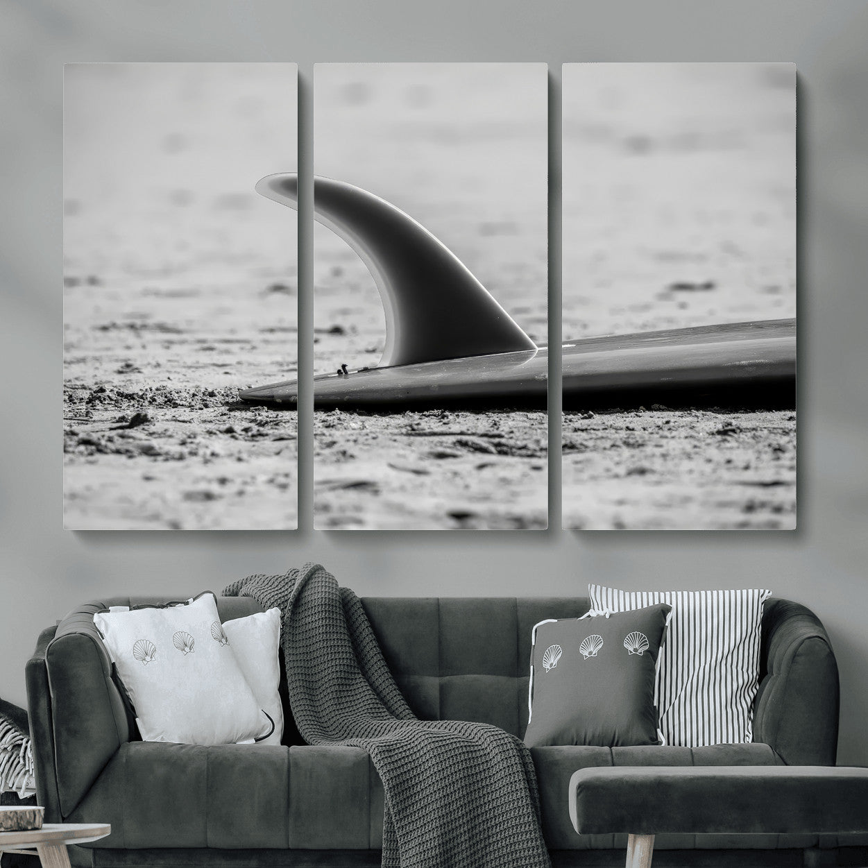 MGV-CV-48X32-3P - Black White Surfboard Wall Art Canvas Print, Framed Minimalist Beach Art Picture Print, Surf Fin Perfect Minimalist Coastal Decor Artwork