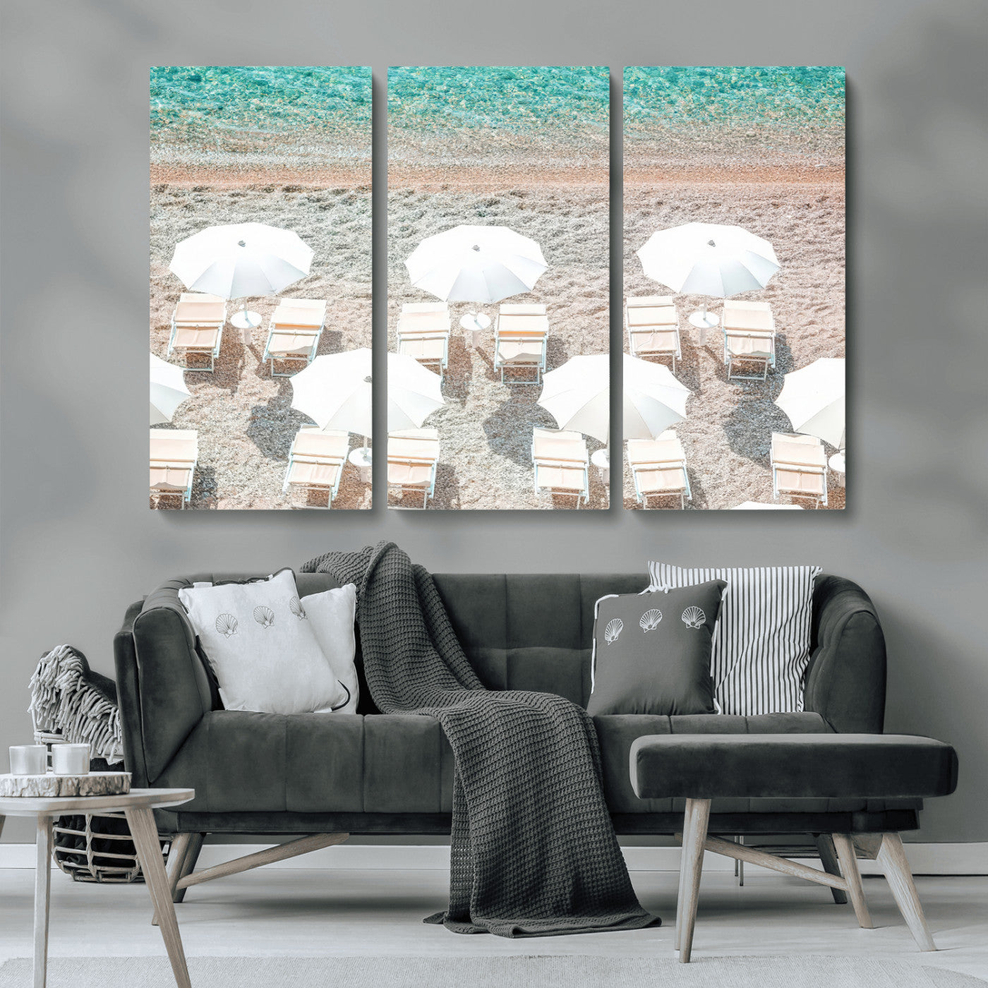 MGV-CV-48X32-3P - Calm Beach Wall Art Canvas Print, Framed Turquoise Water Art Picture Print, Umbrella Shoreline Perfect Coastal Minimalist Decor Artwork