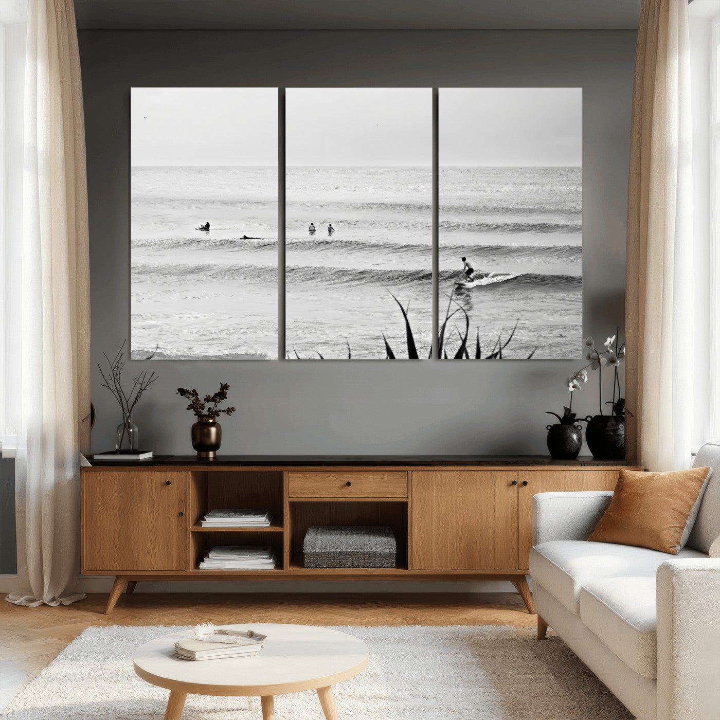 33821421-MGV-CV-36X24 - Surfer Silhouette Wall Art Canvas Print, Framed Calm Ocean Art Picture Print, Monochrome Surf Minimalist Coastal Decor Artwor