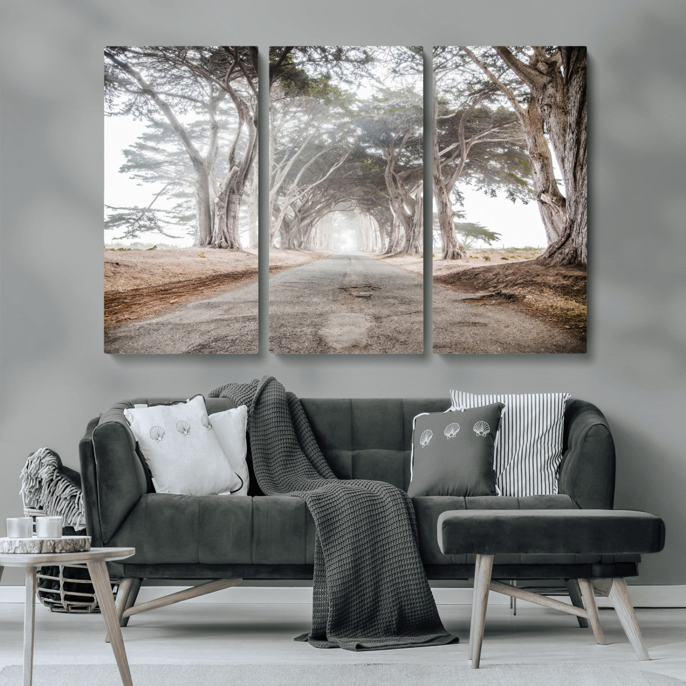 87090469-MGV-CV-36X24-Cypress Tunnel Wall Art – Framed Misty Road Canvas Artwork, Foggy Trees Design, Rustic Woodland Nature Decor for Home, Office