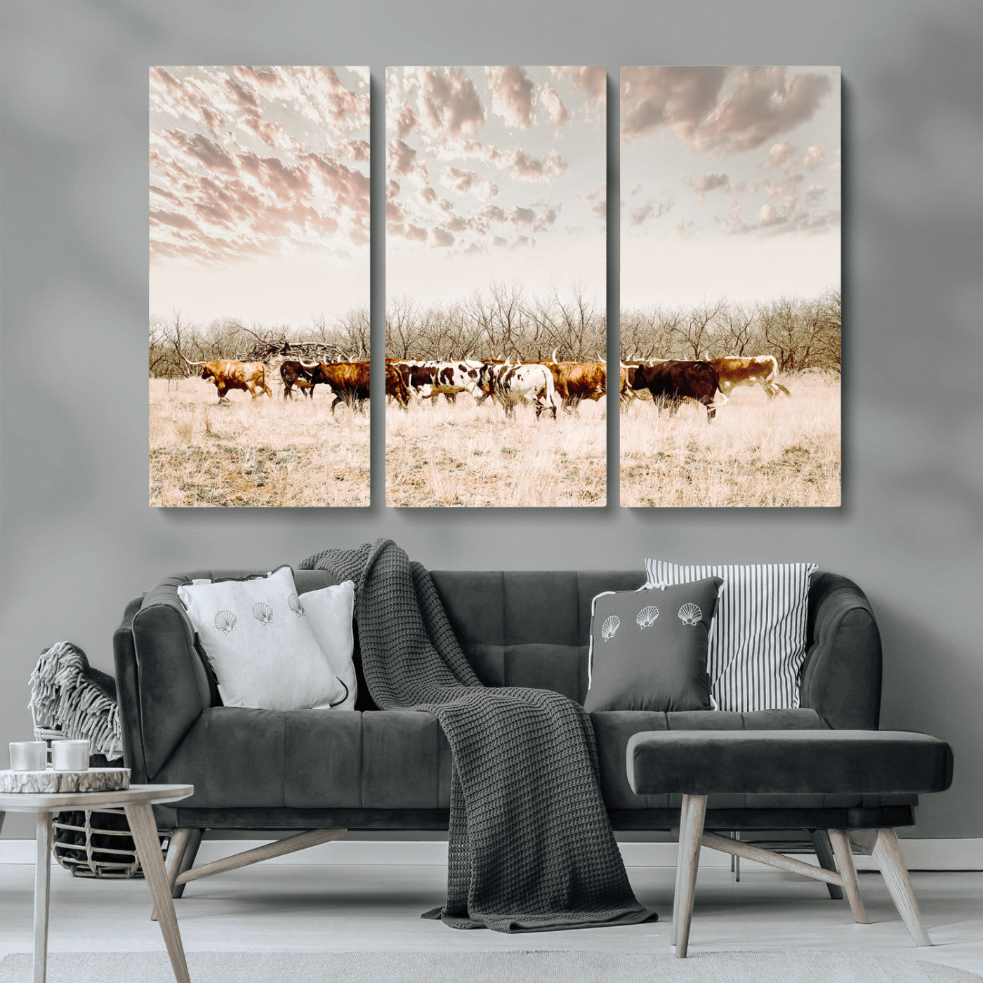 64892775-MGV-CV-36X24 - Longhorn Cattle Wall Art Canvas Print, Framed Texas Ranch Art Picture Print, Western Cow Perfect Western Decor Artwork