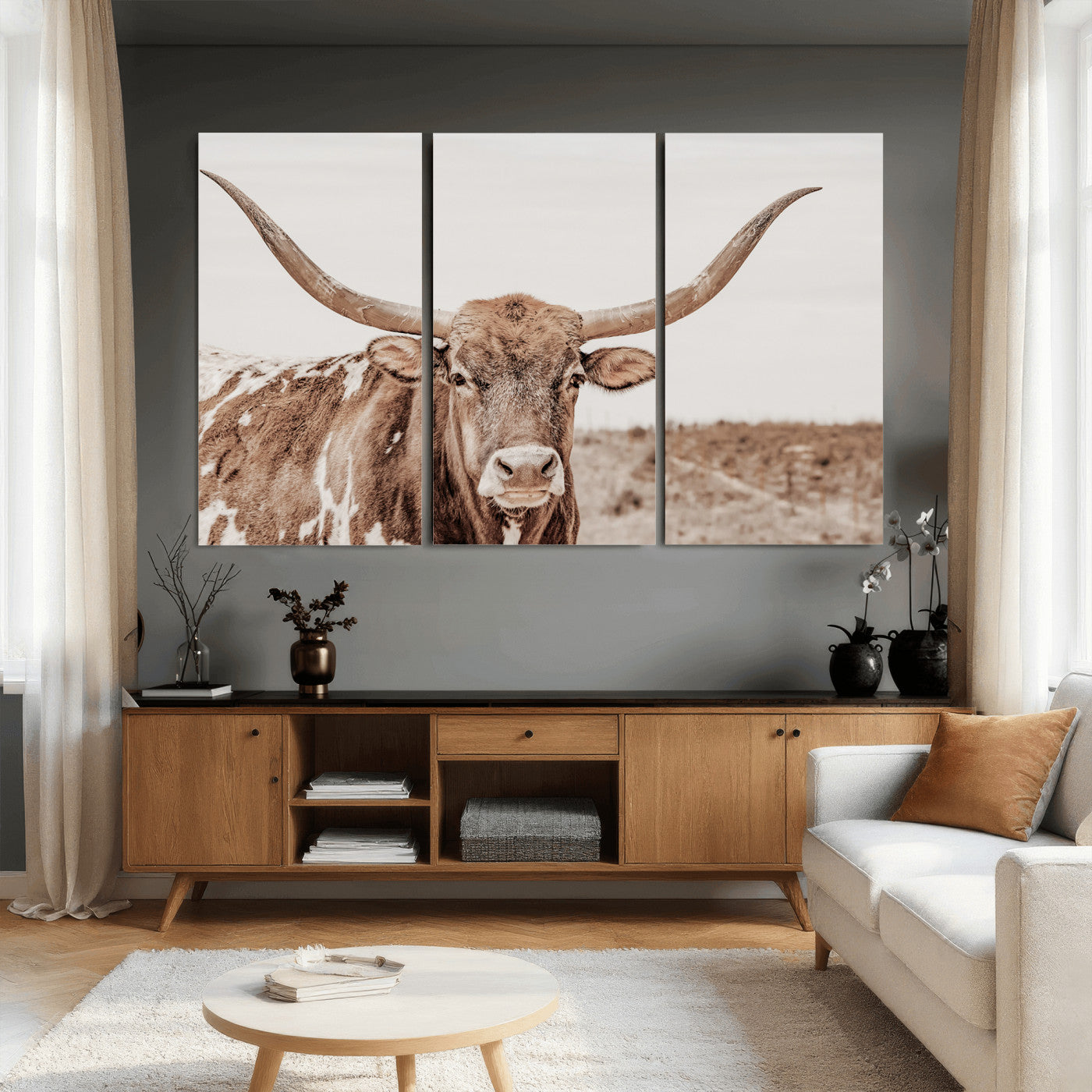39964150-MGV-CV-36X24 - Longhorn Cow Wall Art Canvas Print, Texas Ranch Print, Framed Western Bull Art Print, Large BigHorn Cowboy Printing Perfect for County Decor