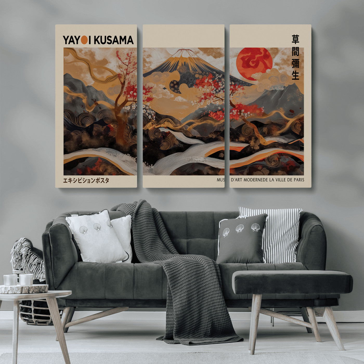 77970791-MGV-CV-36X24-Modern Japanese Wall Art Canvas Print – Framed Abstract Mount Fuji Scene with Yayoi Kusama Artwork for Home, Office