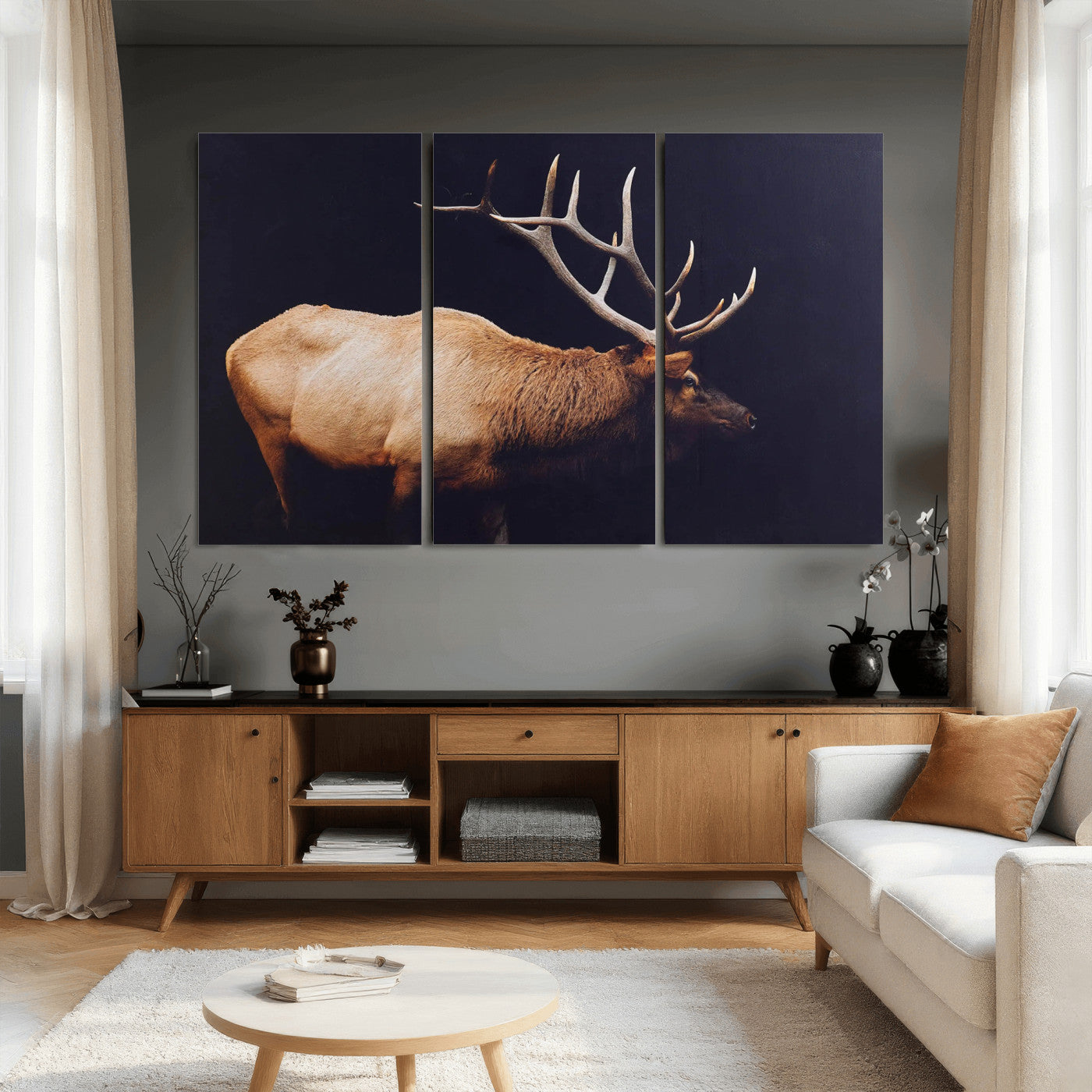 89239257-MGV-CV-36X24 - Rustic Elk Wall Art Canvas Print – Framed Moody Wildlife Art Picture Western Animal Artwork for Home, Office Decor