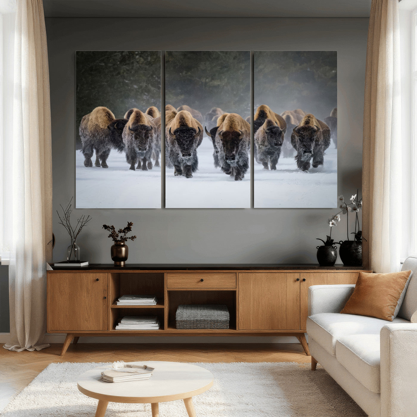 41669135-MGV-CV-36X24 - Winter Bison Herd Wall Art – Majestic Buffalo Charge Canvas Print with Snow Covered Plains, Rustic Wildlife Strength and Untamed Nature Decor for Home and Office