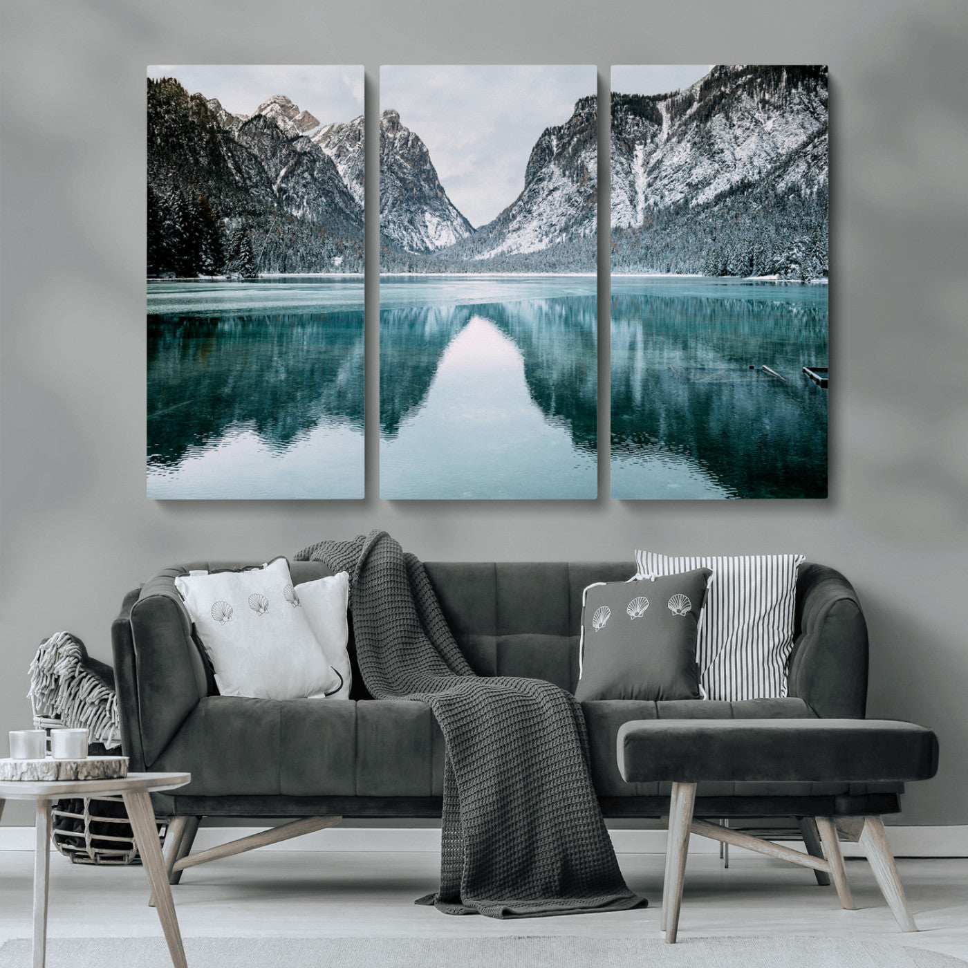 73098373-MGV-CV-36X24-Mountain Lake Wall Art Canvas Print – Framed Snowy Peaks Wonderland Nature Scene Artwork for Home Office