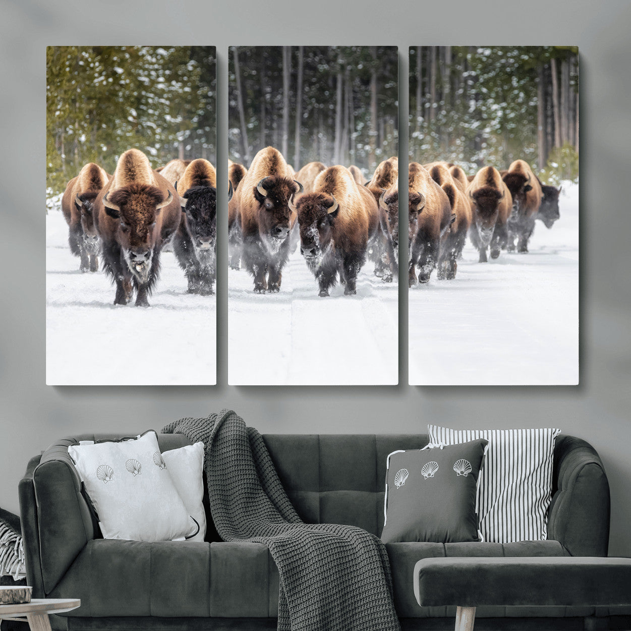 96906195-MGV-CV-48X32-3P - American Bison Herd Snow Canvas Wall Art – Powerful Winter Wildlife Print of Buffalo Motion, Rustic Lodge or Western Cabin Decor for Living Room, Office
