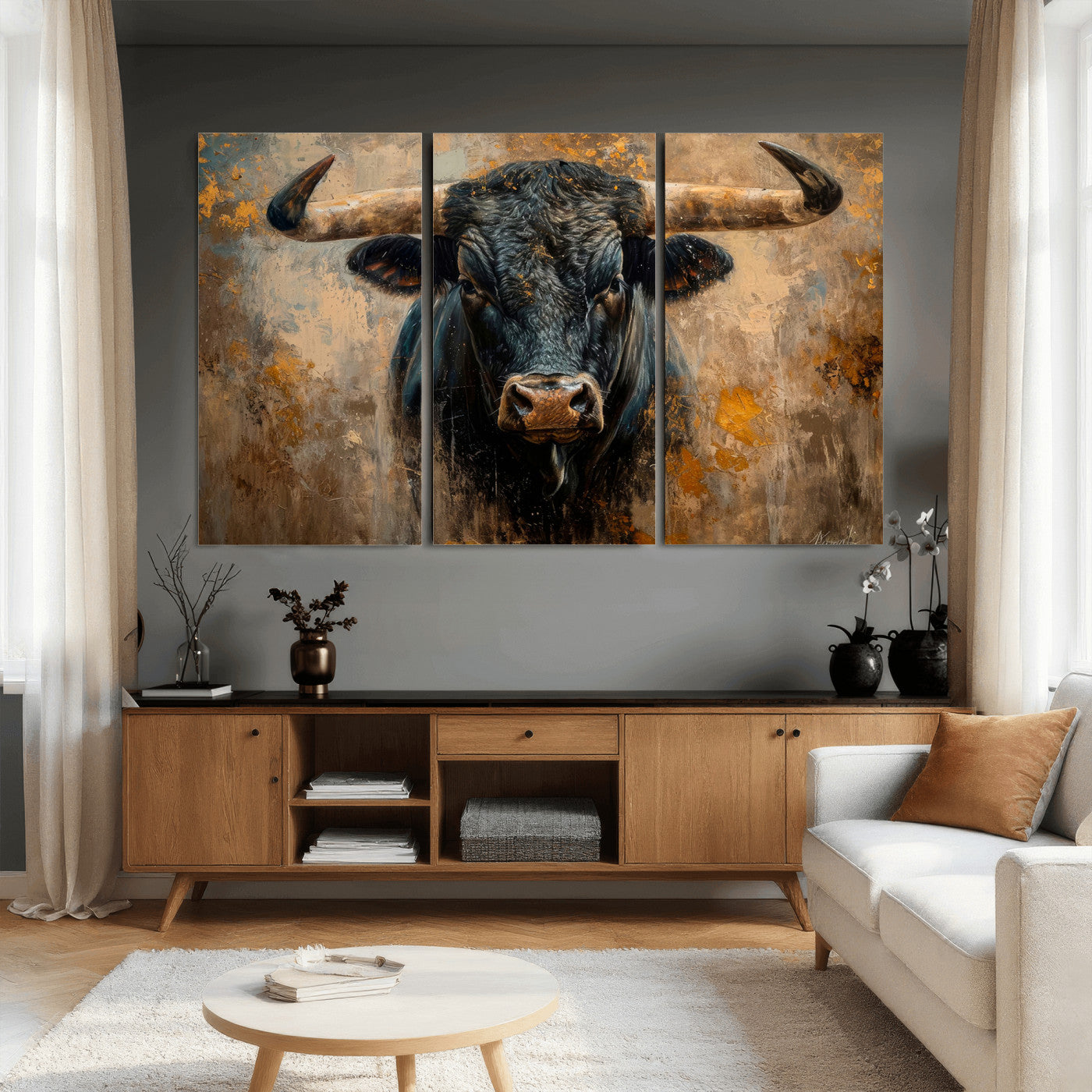 91615410-MGV-CV-36X24 - Abstract Texas Longhorn Bull Wall Art – Rustic Farmhouse Canvas Print, Western Cabin Style Decor, Large Animal Artwork for Living Room or Office