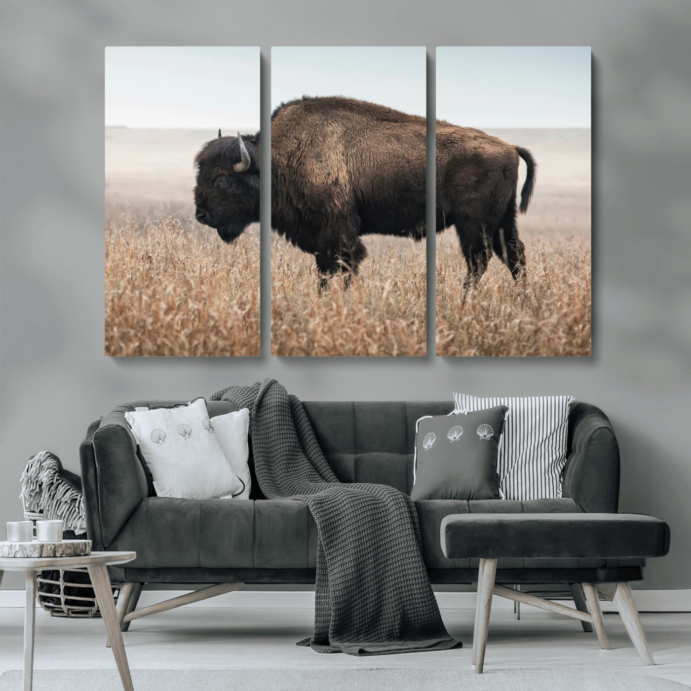 -American Bison Field Wall Art Canvas Print – Majestic Buffalo Grazing Wide Open Plains Wildlife Artwork for Home, Office
