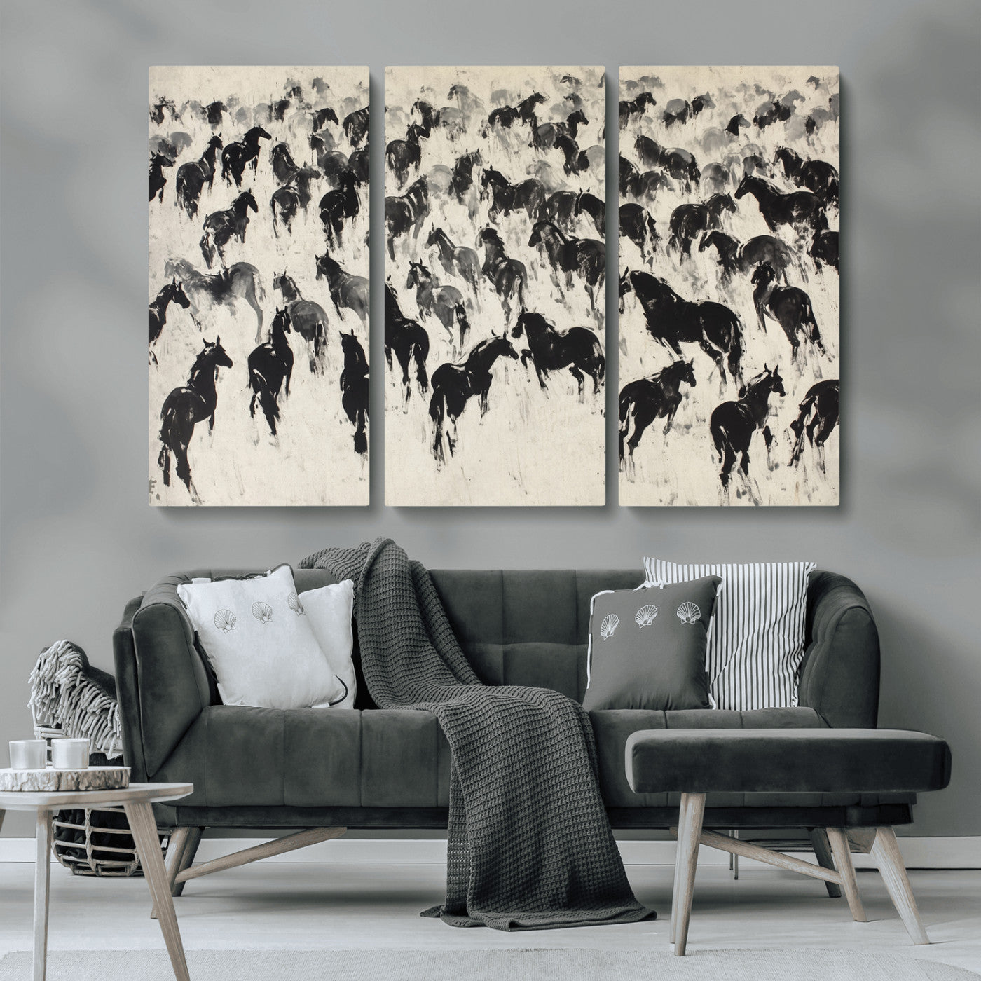 -Wild Horse Stampede Wall Art Canvas Print – Monochrome Running Horses Dynamic Motion Elegant Scene Artwork for Home, Office