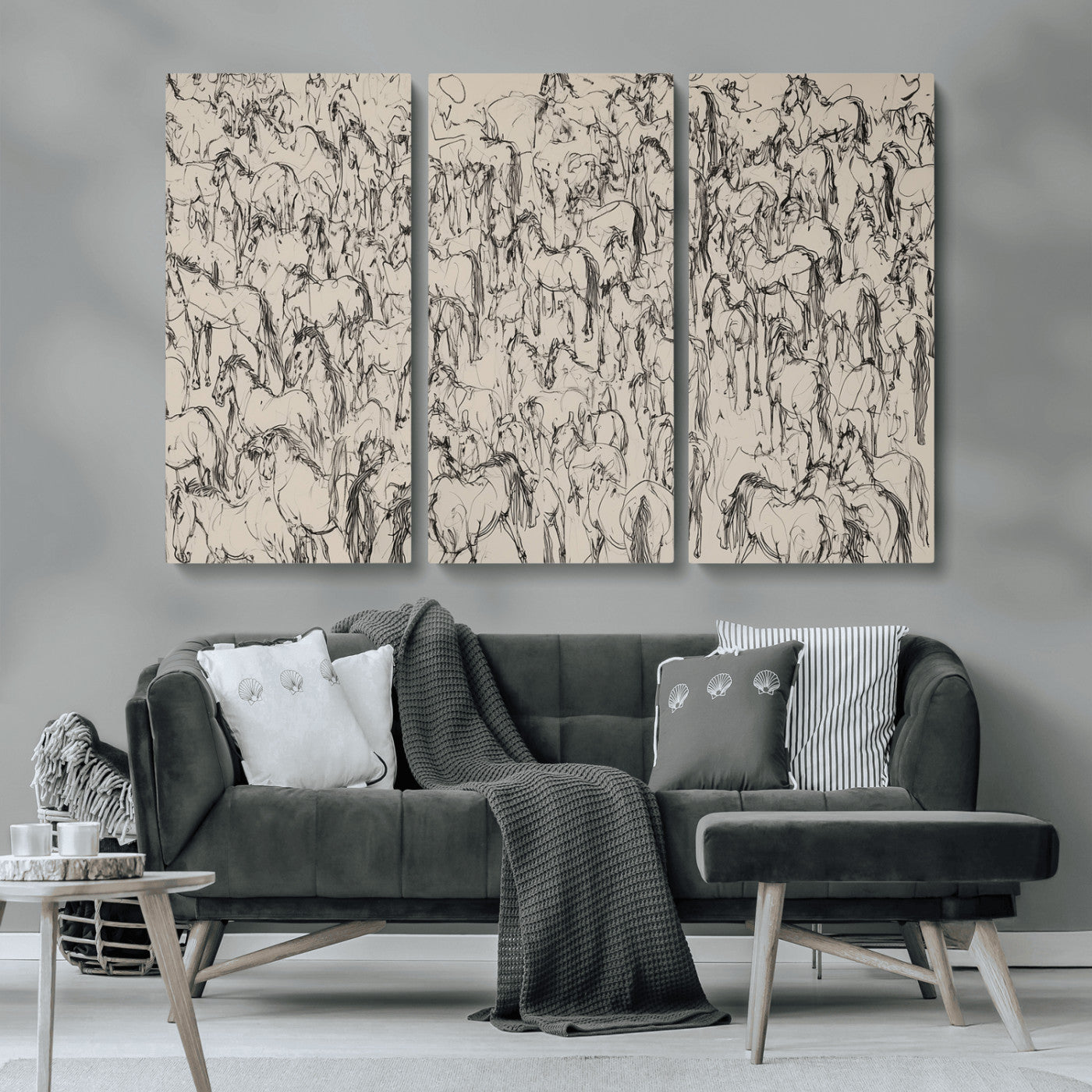 12358908-MGV-CV-36X24-Wild Horse Stampede Wall Art Canvas Print – Monochrome Running Horses Dynamic Motion Elegant Artwork for Home, Office